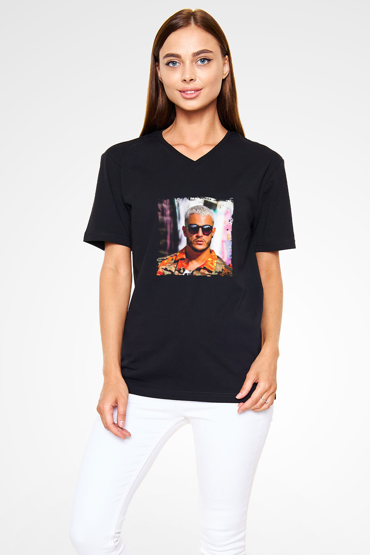 Snake Baskılı Unisex Siyah V Yaka Tişört