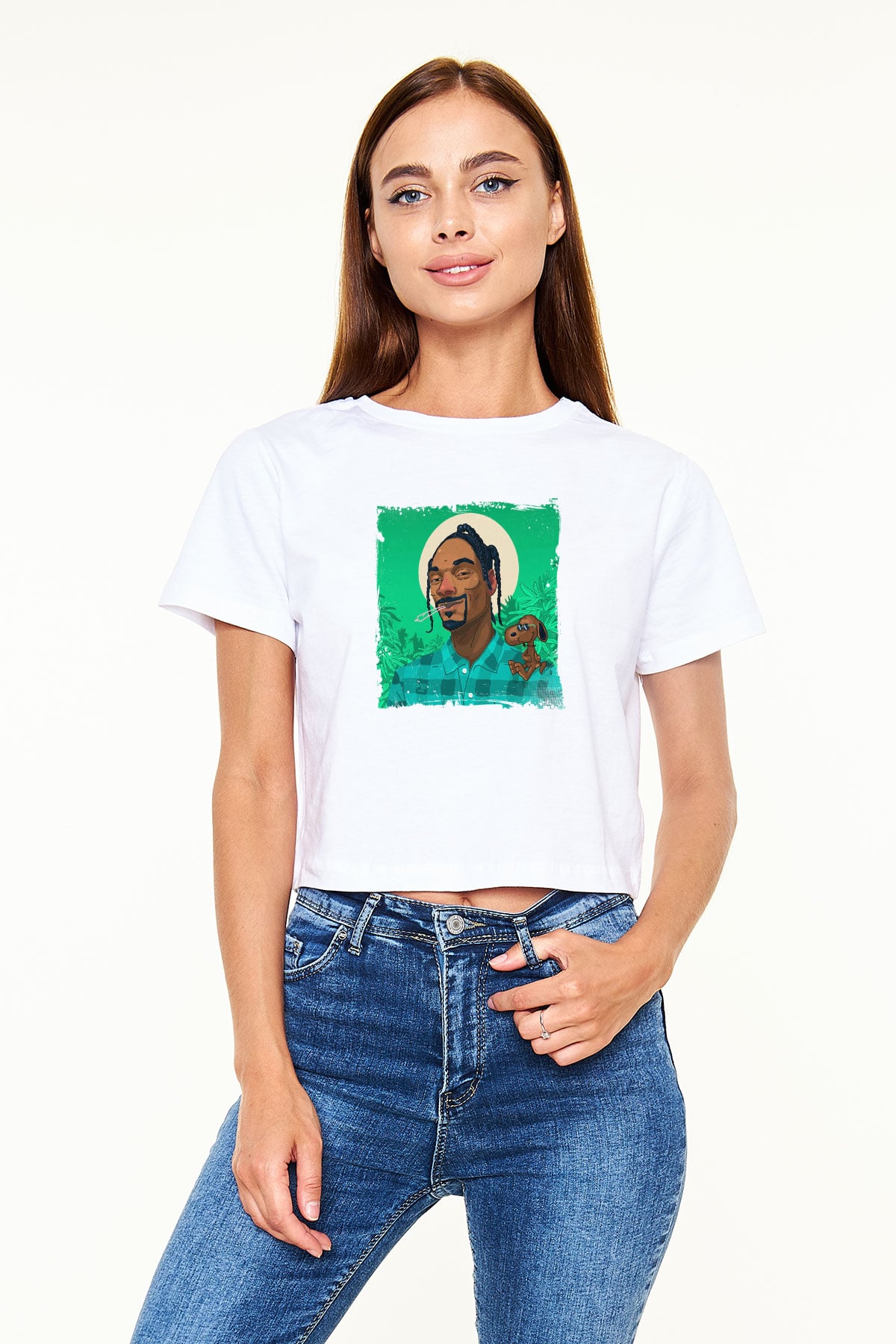 Snoop Dogg Baskılı Beyaz Kadın Crop Top Tişört