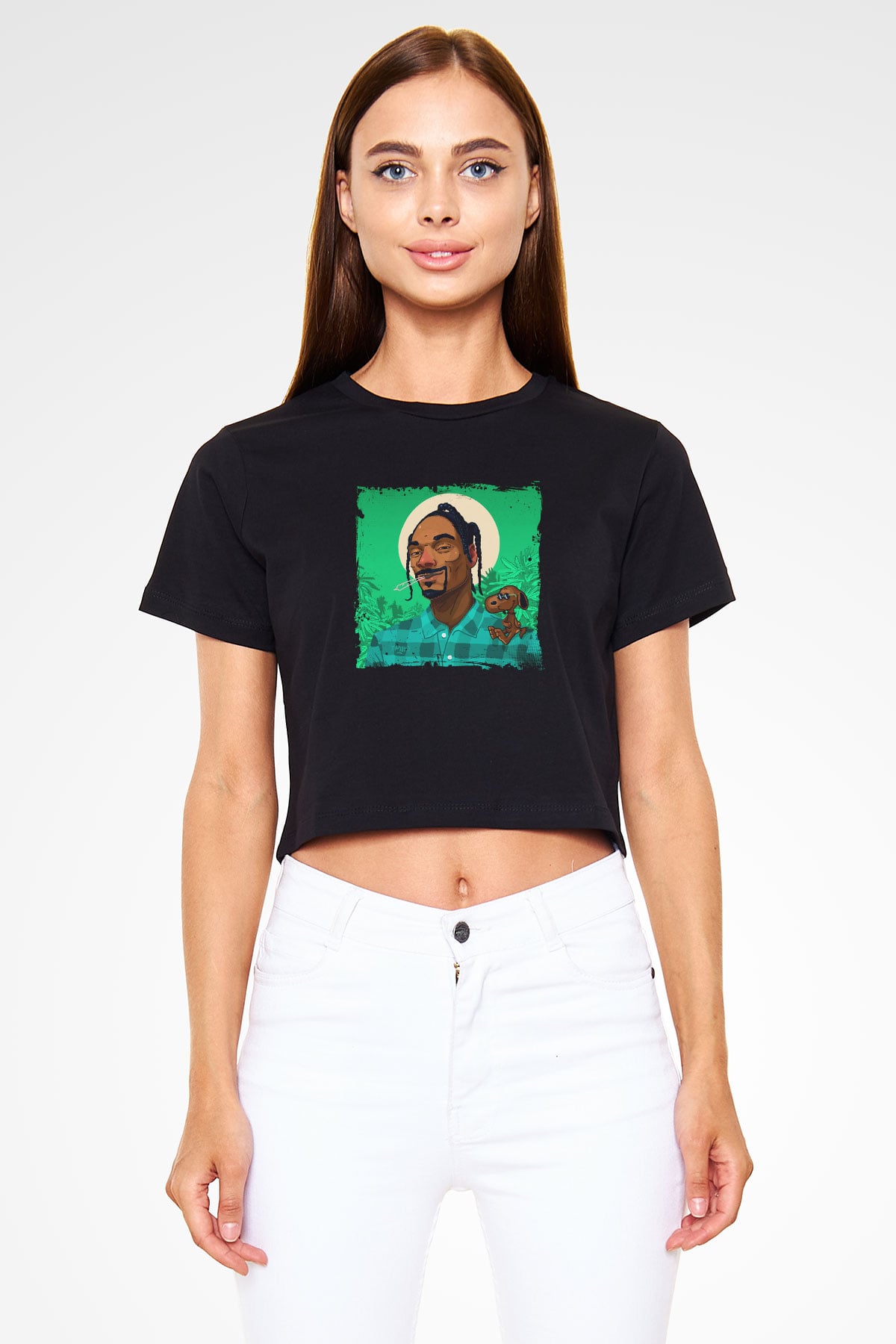 Snoop Dogg Baskılı Crop Top Siyah Kadın Tişört