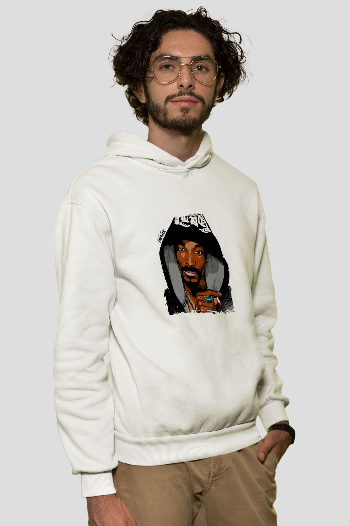 Snoop Dogg Baskılı Unisex Beyaz Kapüşonlu Sweatshirt