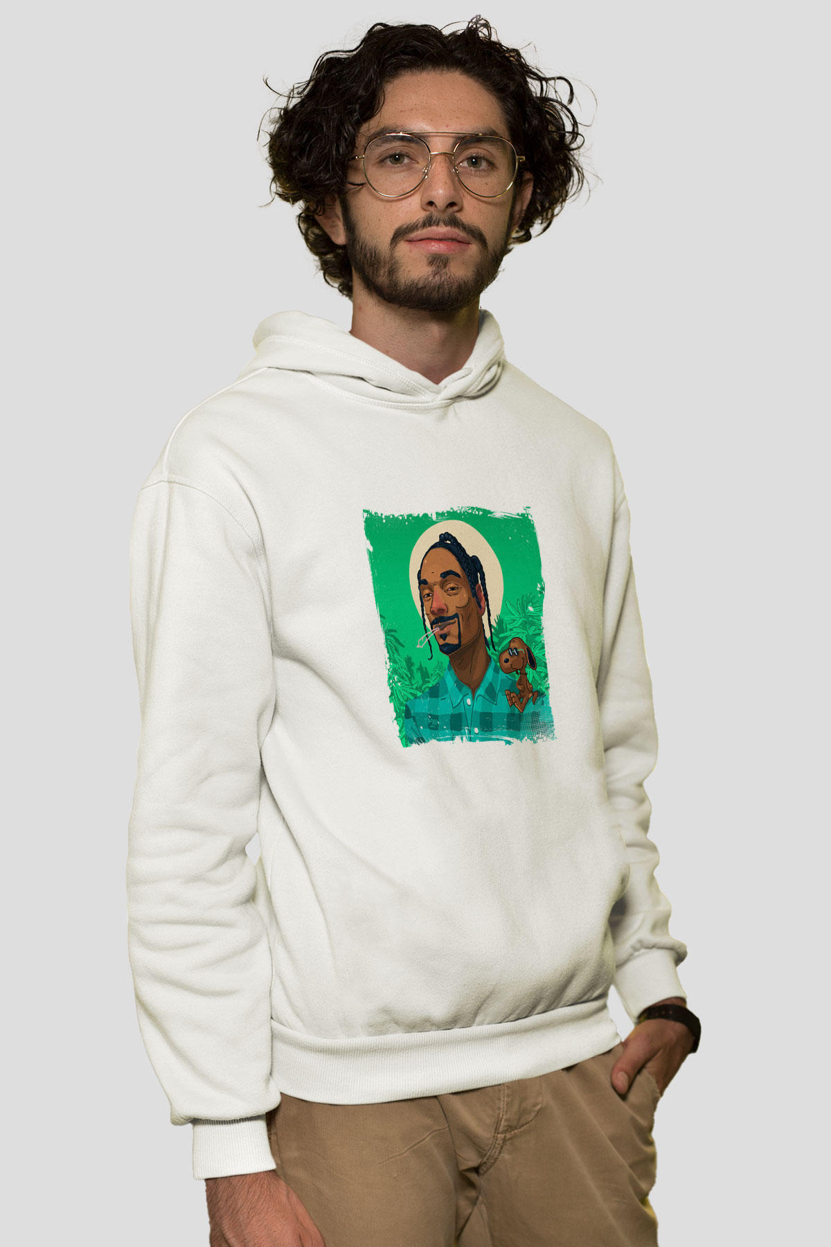 Snoop Dogg Baskılı Unisex Beyaz Kapüşonlu Sweatshirt
