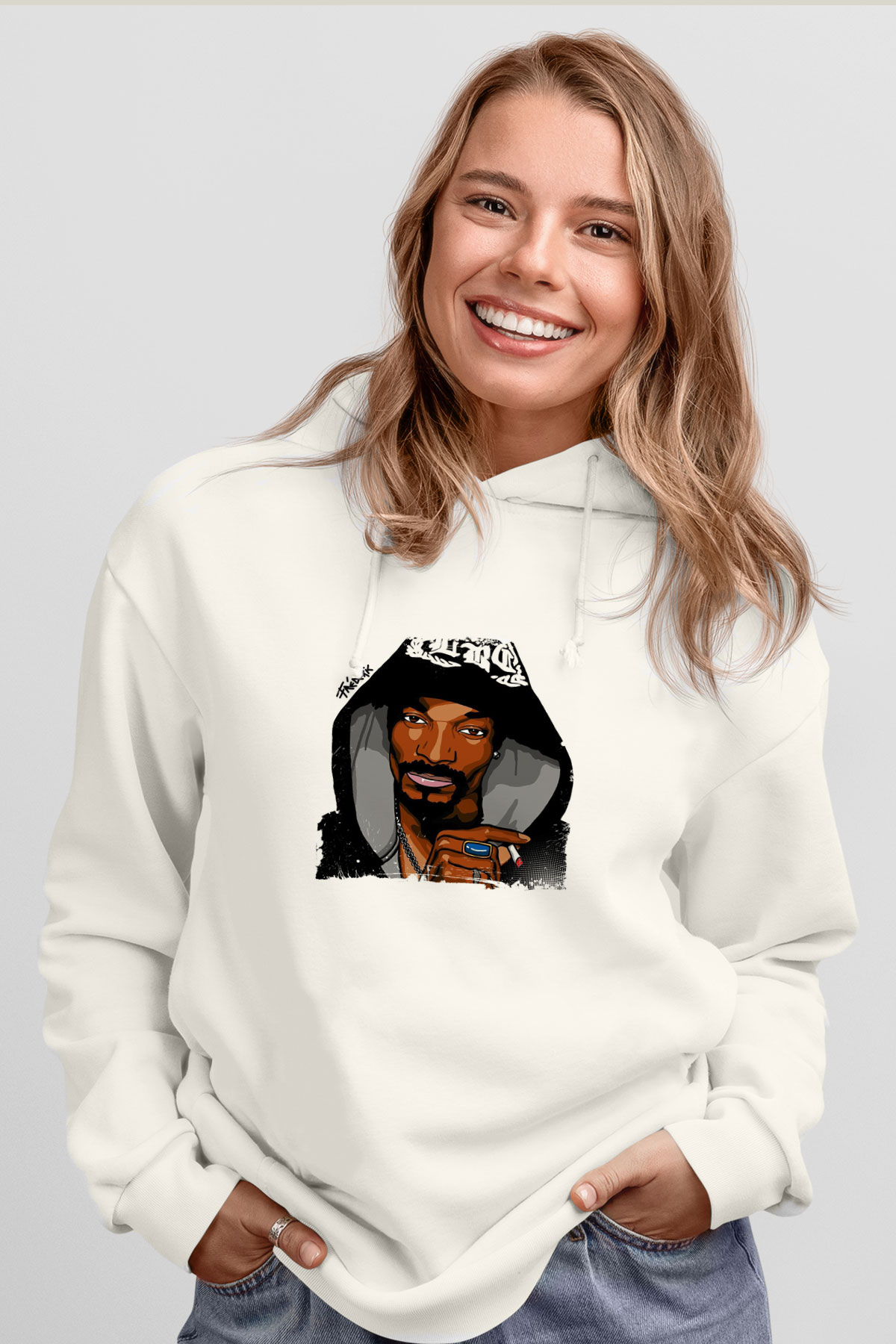 Snoop Dogg Baskılı Unisex Beyaz Kapüşonlu Sweatshirt
