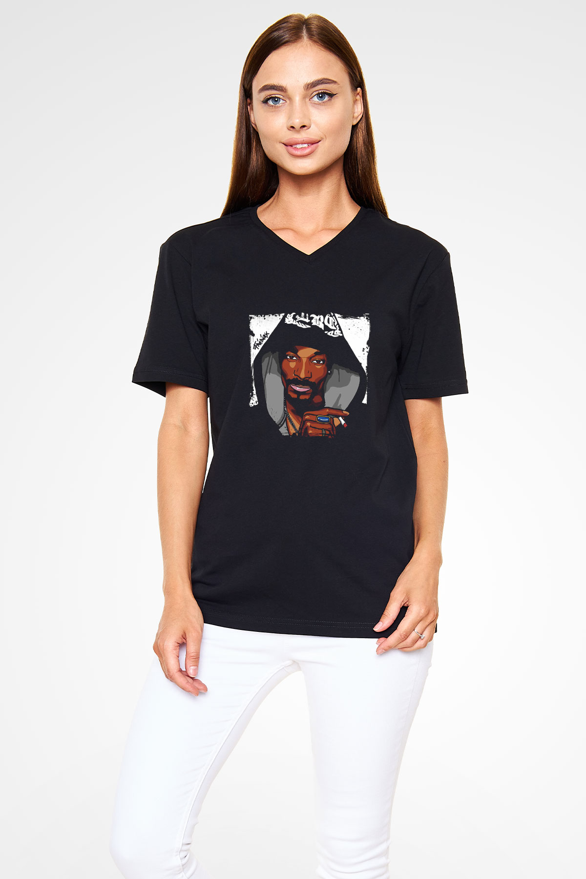 Snoop Dogg Baskılı Unisex Siyah V Yaka Tişört