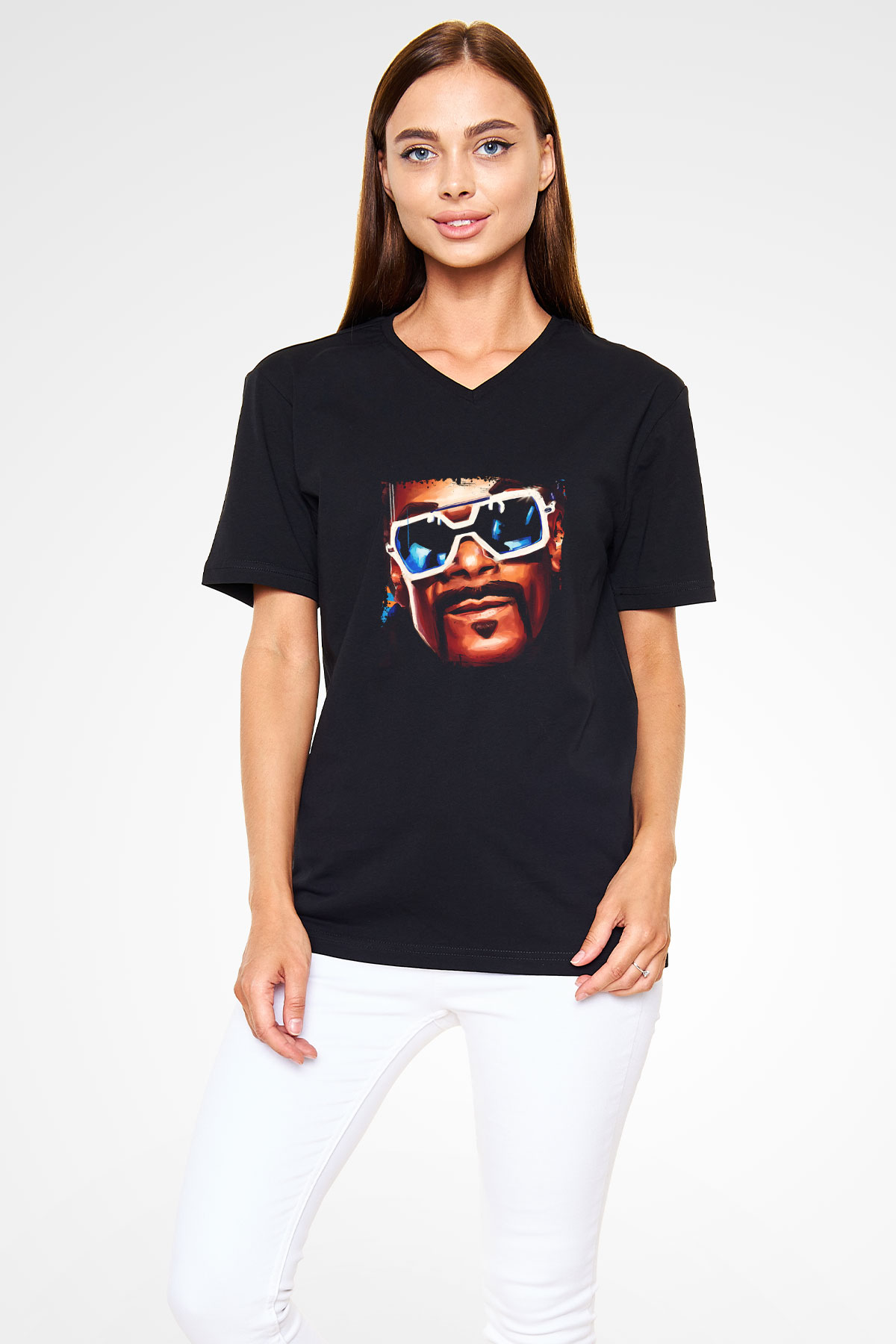 Snoop Dogg Baskılı Unisex Siyah V Yaka Tişört