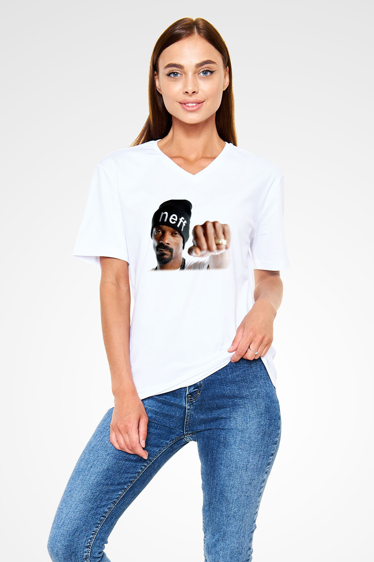 Snoop Dogg Beyaz Unisex V Yaka Tişört T-Shirt - V Yaka Tişört Fabrikası