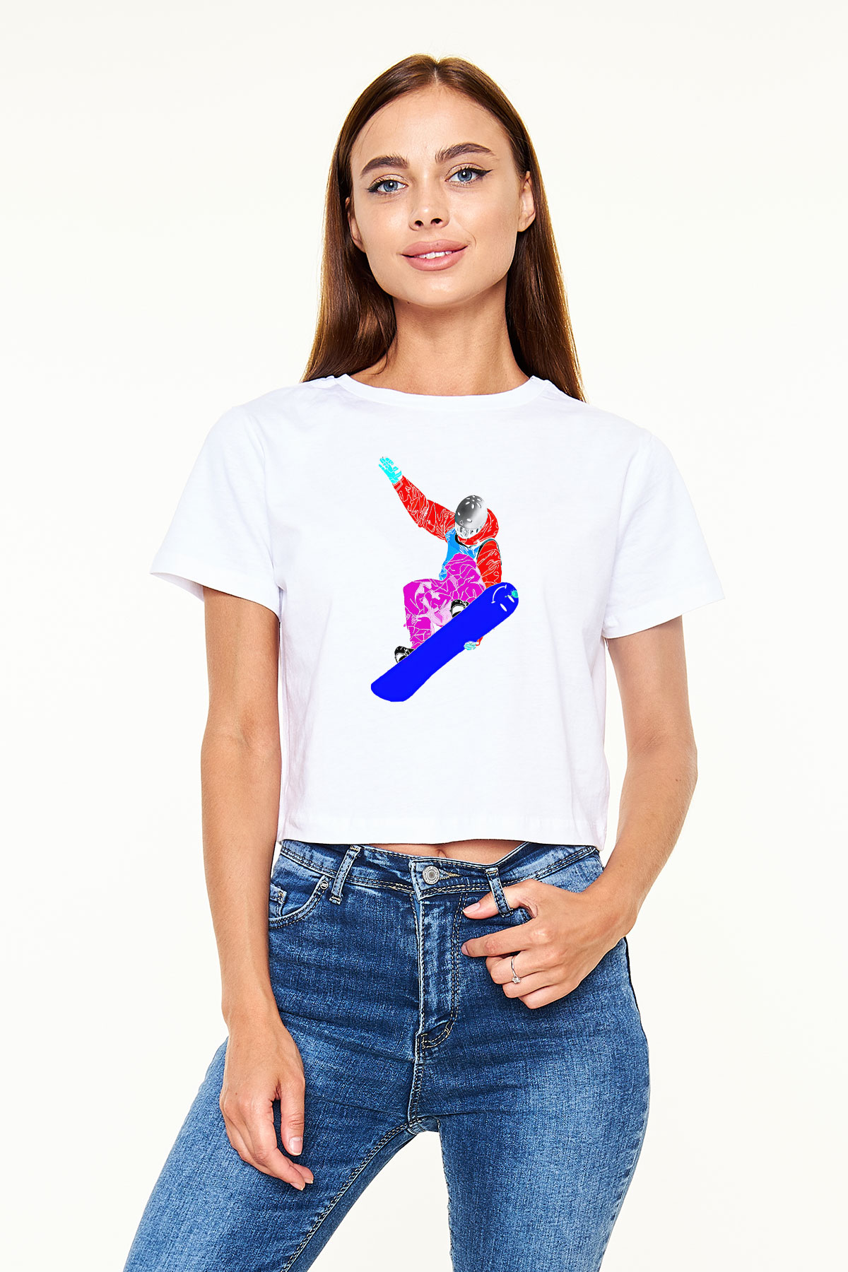 Snowboarding Baskılı Crop Top Beyaz Tişört - T-shirt