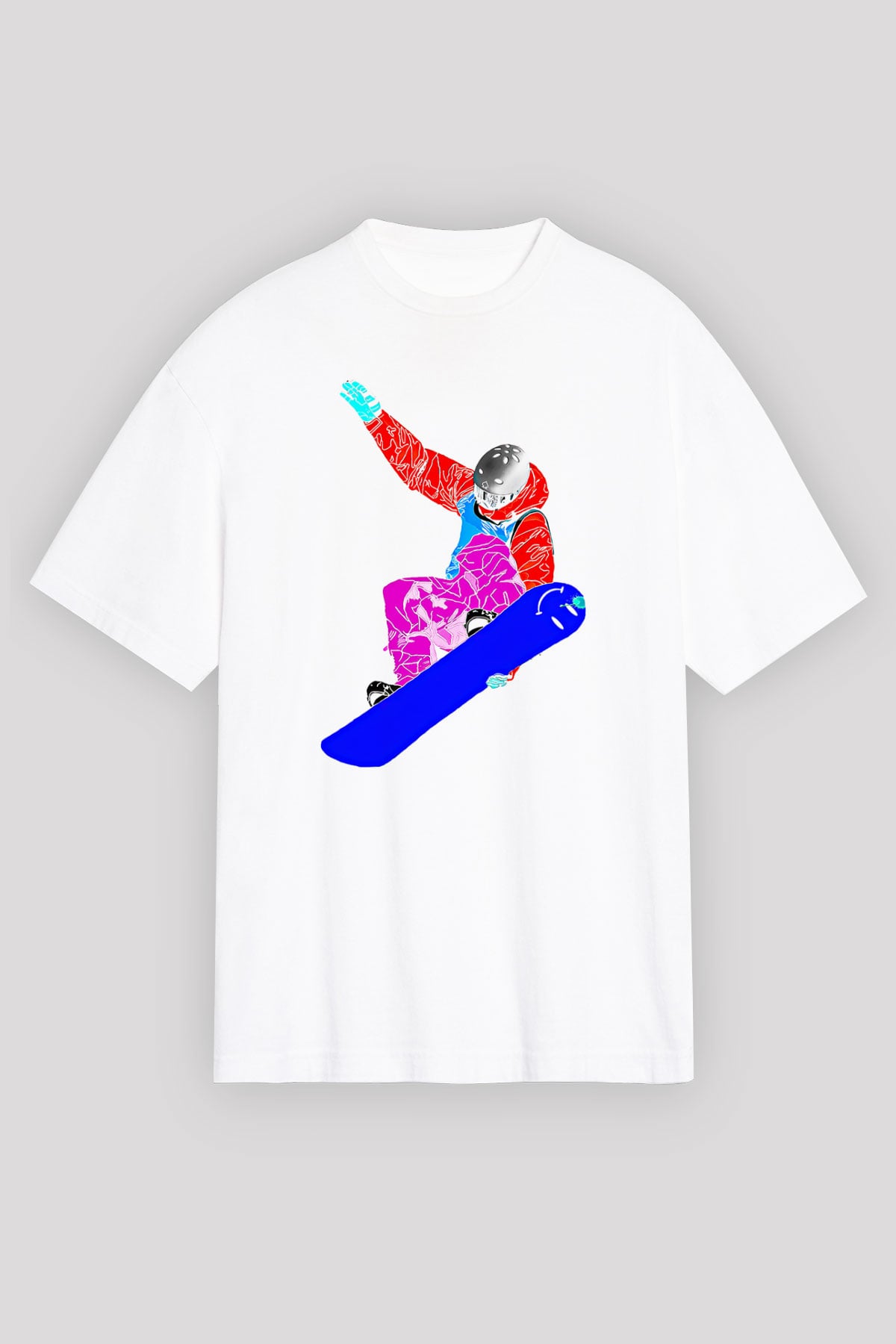 Snowboarding Baskılı Unisex Beyaz Oversize Tişört - Tshirt