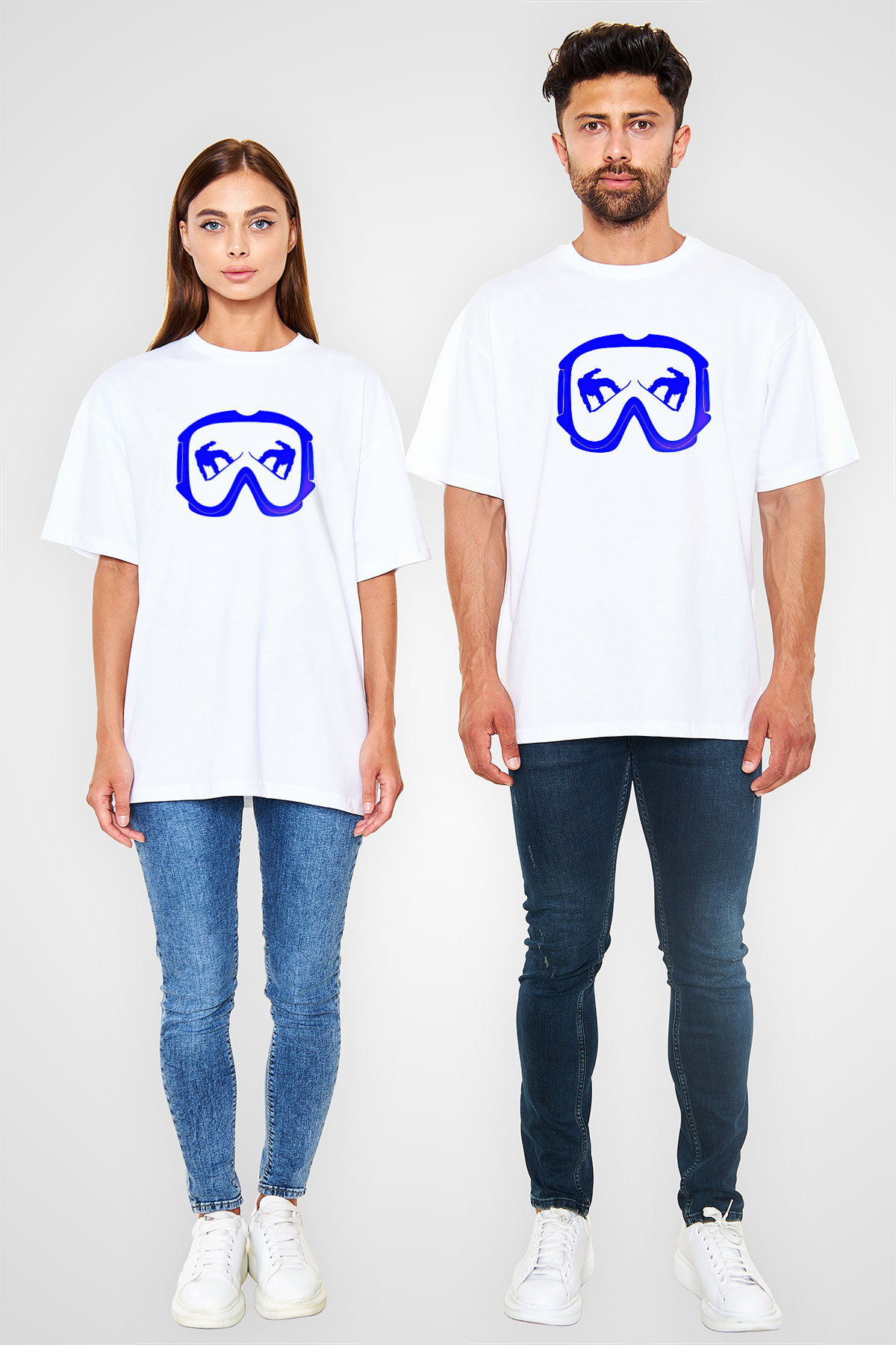 Snowboarding Baskılı Unisex Beyaz Oversize Tişört - Tshirt
