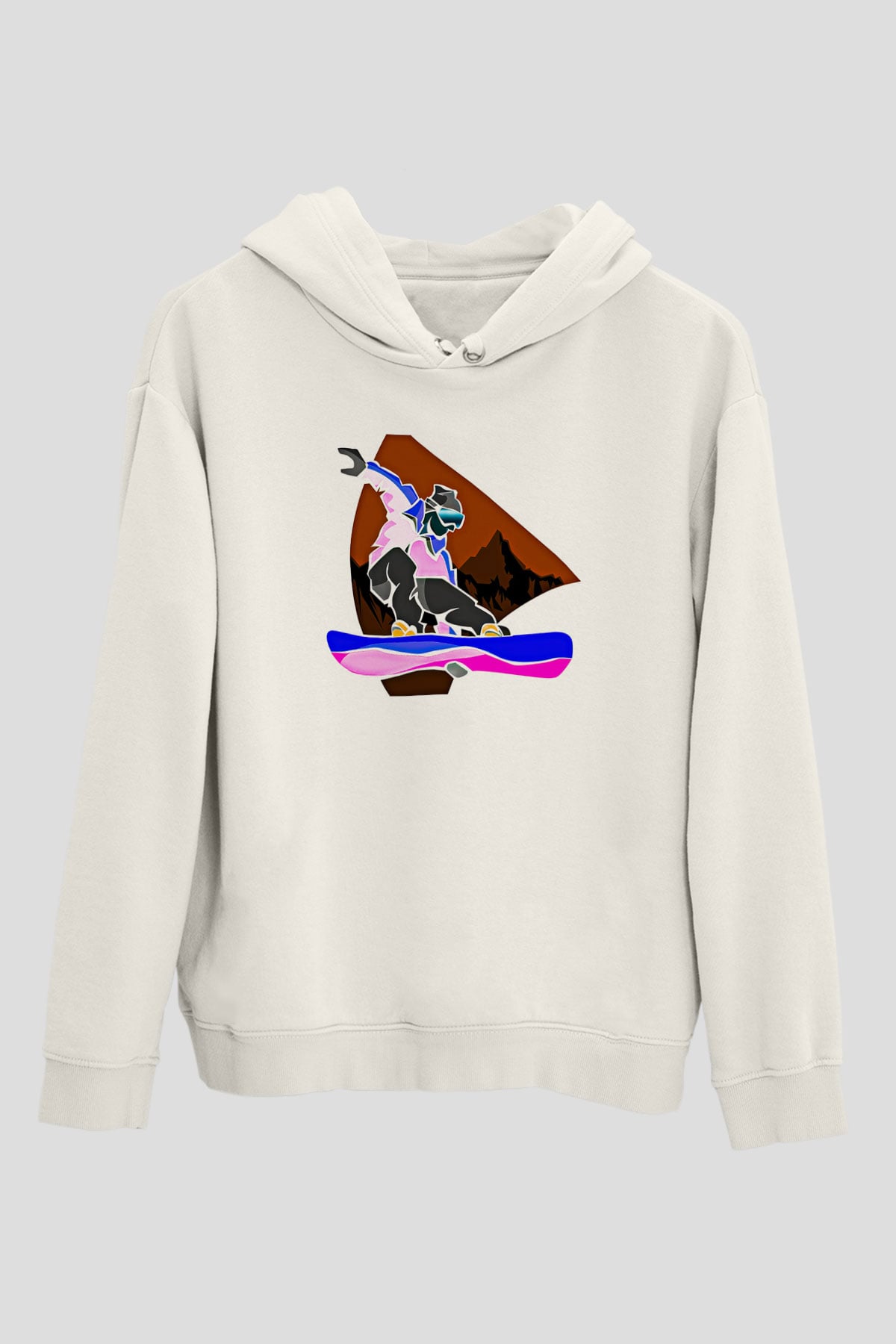 Snowboarding Baskılı Unisex Ekru Hoodie