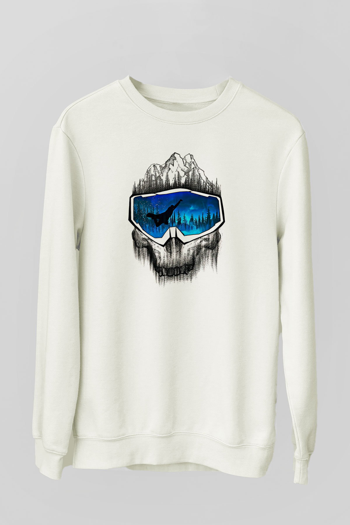 Snowboarding Baskılı Unisex Ekru Sweatshirt