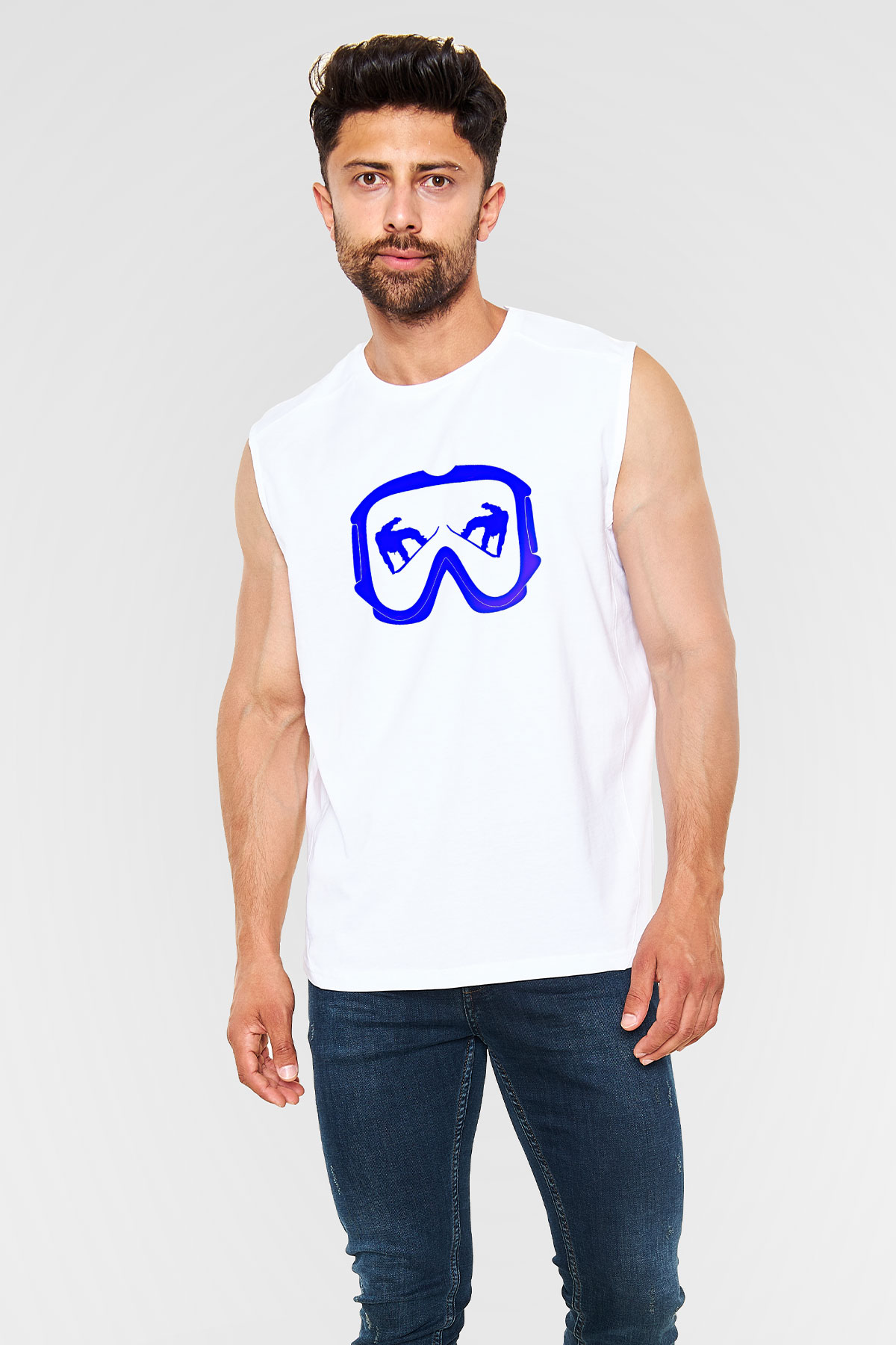 Snowboarding Baskılı Unisex Kolsuz Beyaz Tişört