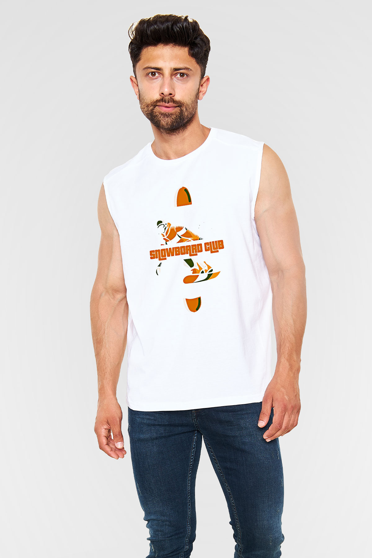 Snowboarding Baskılı Unisex Kolsuz Beyaz Tişört