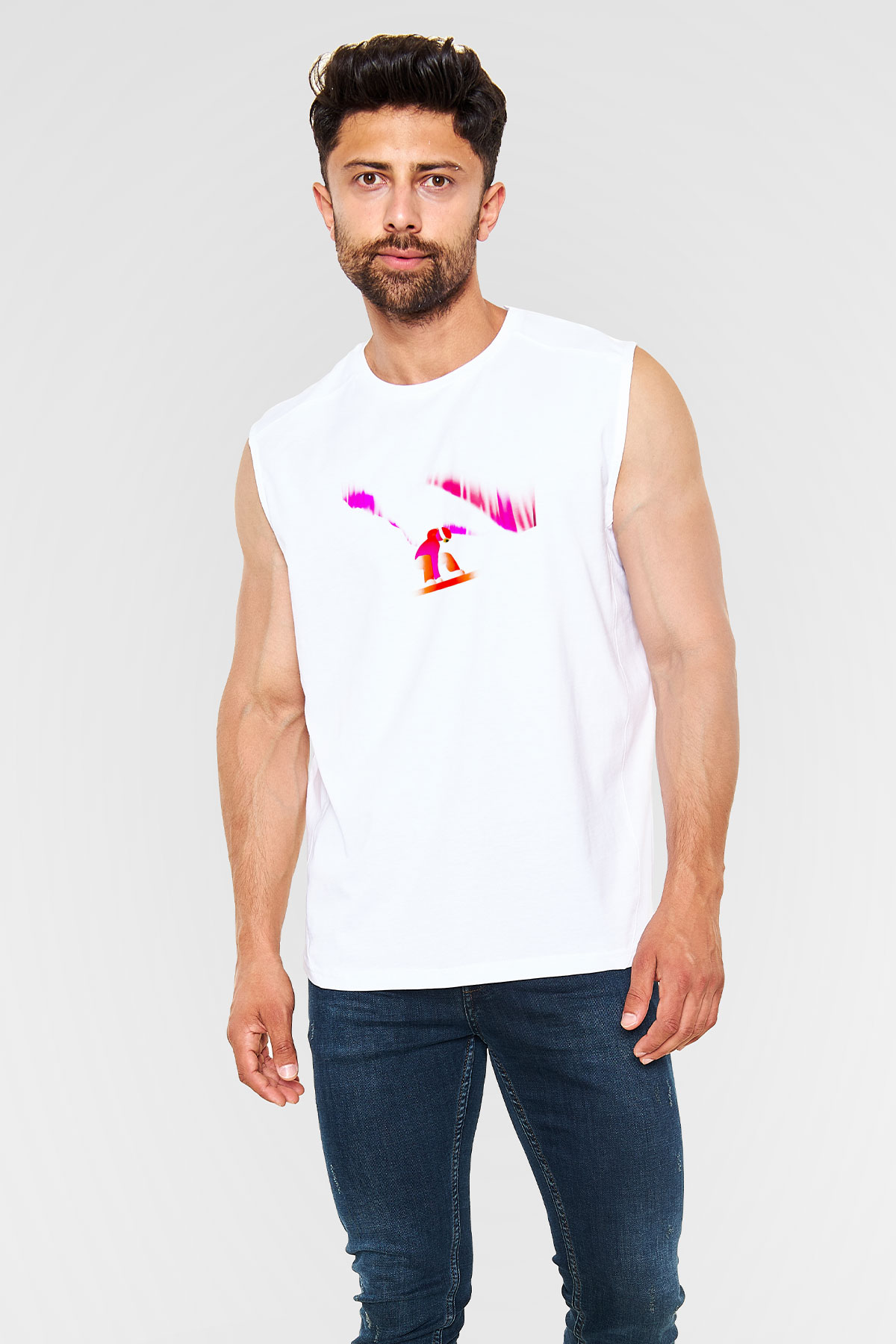 Snowboarding Baskılı Unisex Kolsuz Beyaz Tişört