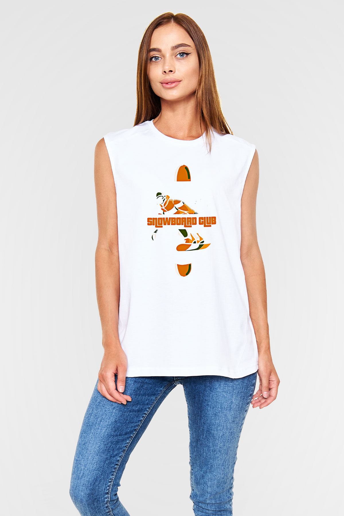Snowboarding Baskılı Unisex Kolsuz Beyaz Tişört