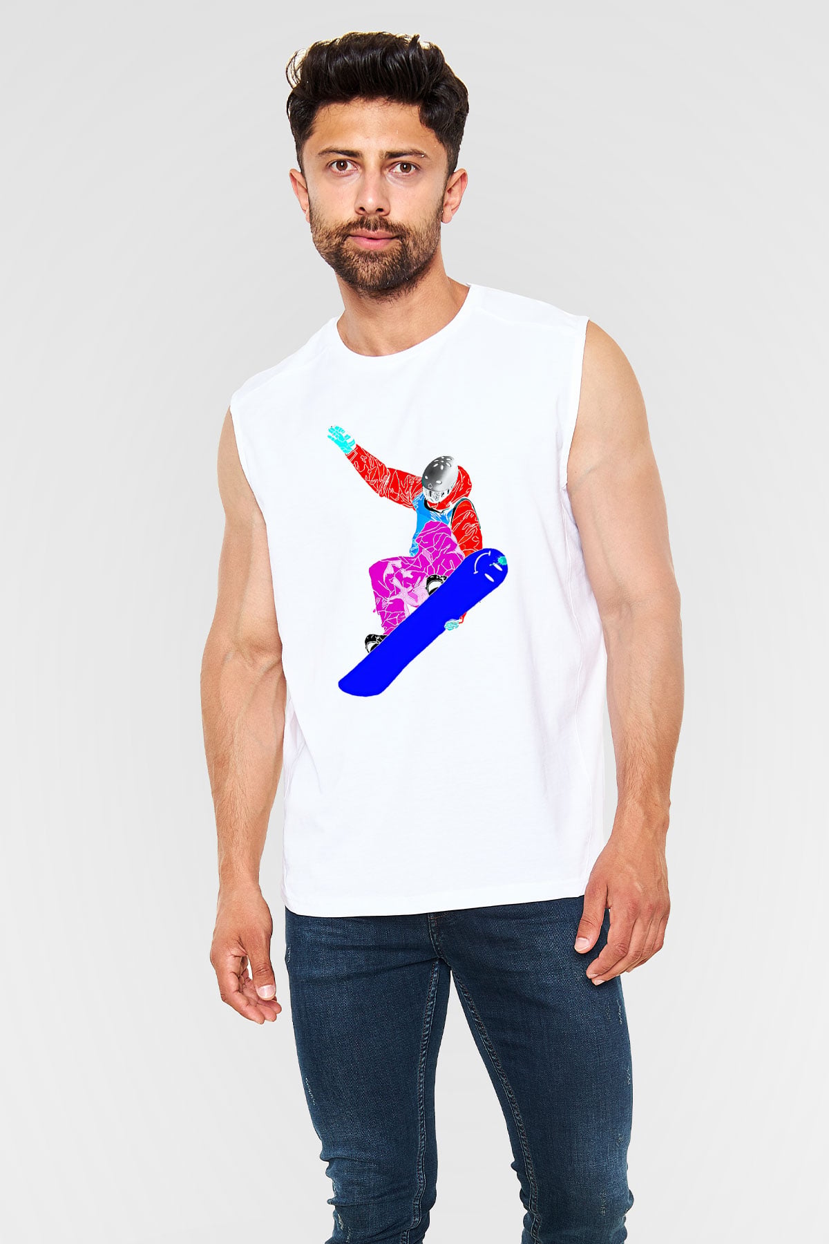 Snowboarding Baskılı Unisex Kolsuz Beyaz Tişört