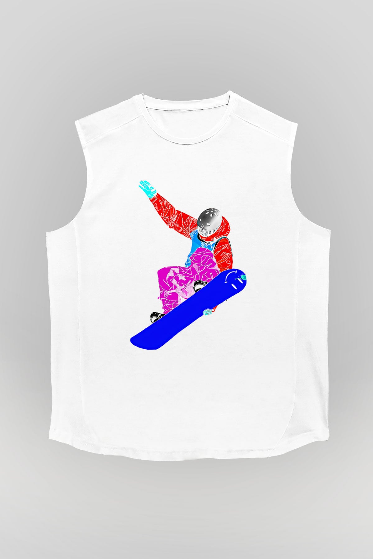 Snowboarding Baskılı Unisex Kolsuz Beyaz Tişört