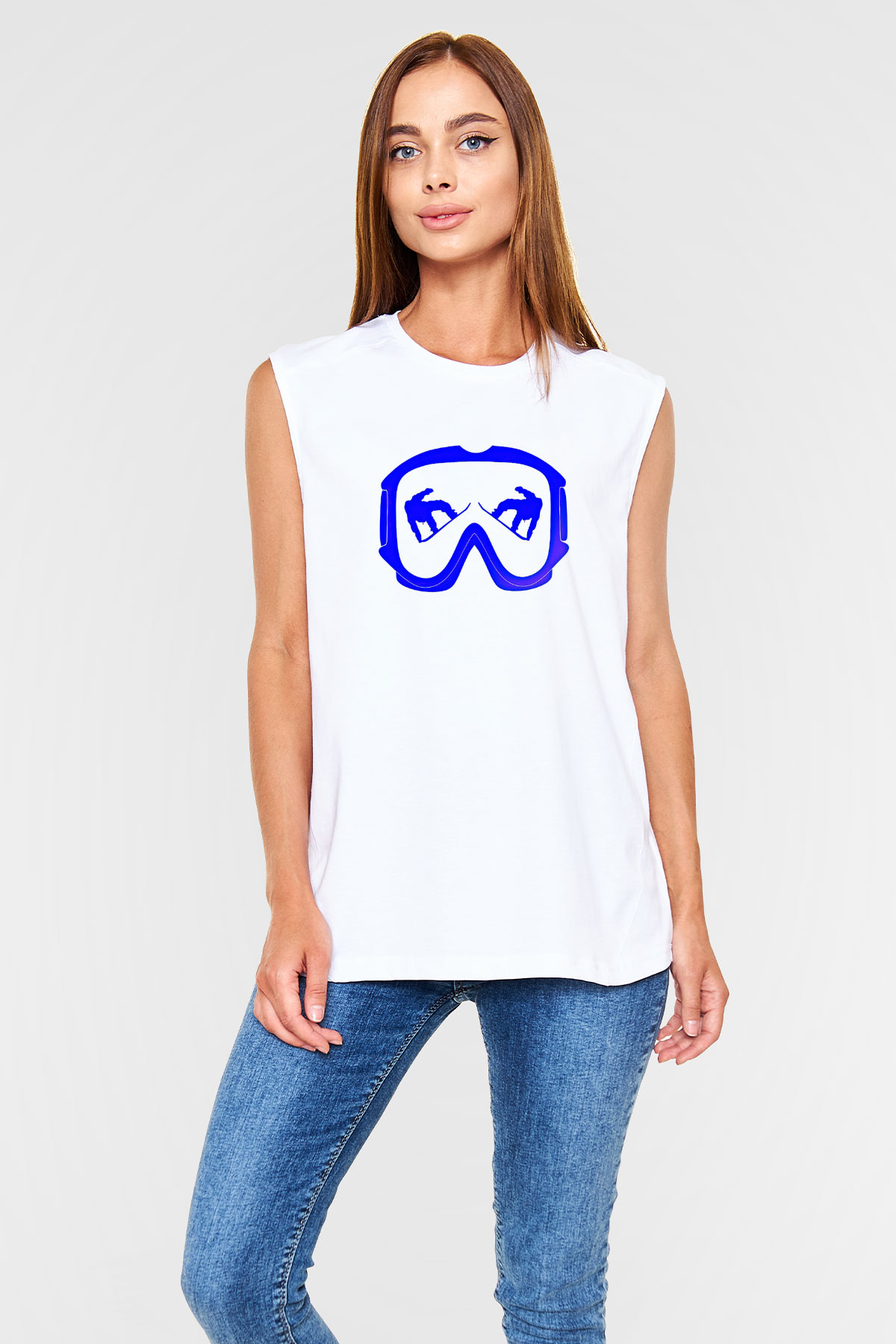 Snowboarding Baskılı Unisex Kolsuz Beyaz Tişört