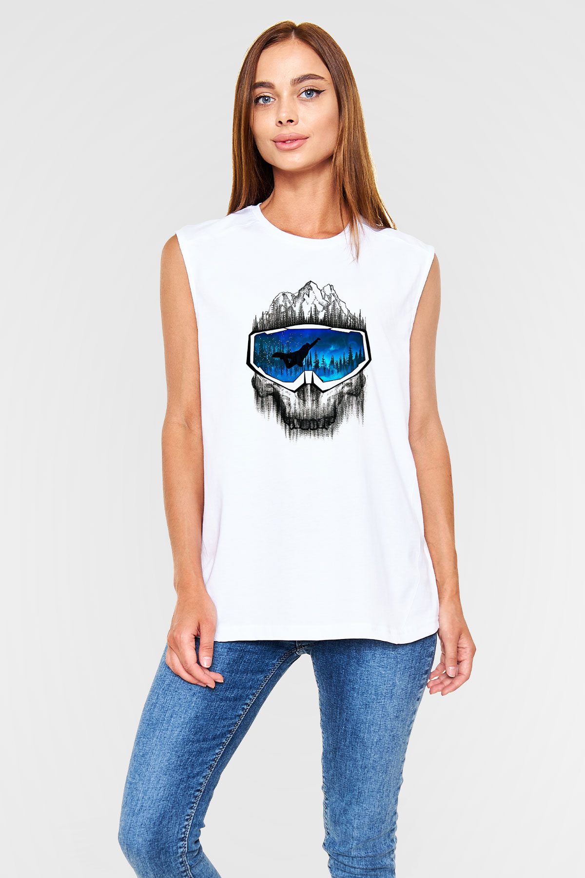 Snowboarding Baskılı Unisex Kolsuz Beyaz Tişört