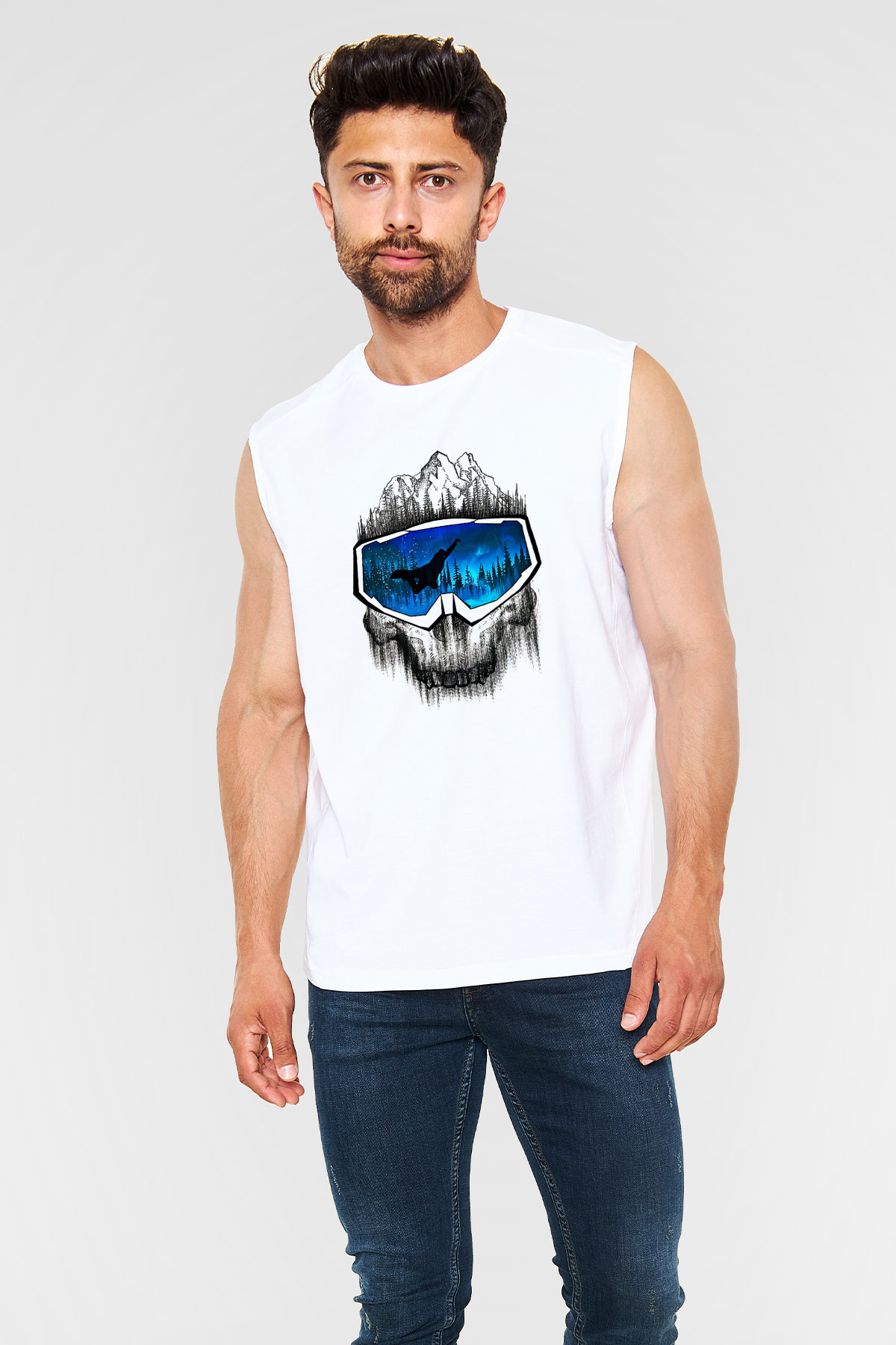 Snowboarding Baskılı Unisex Kolsuz Beyaz Tişört