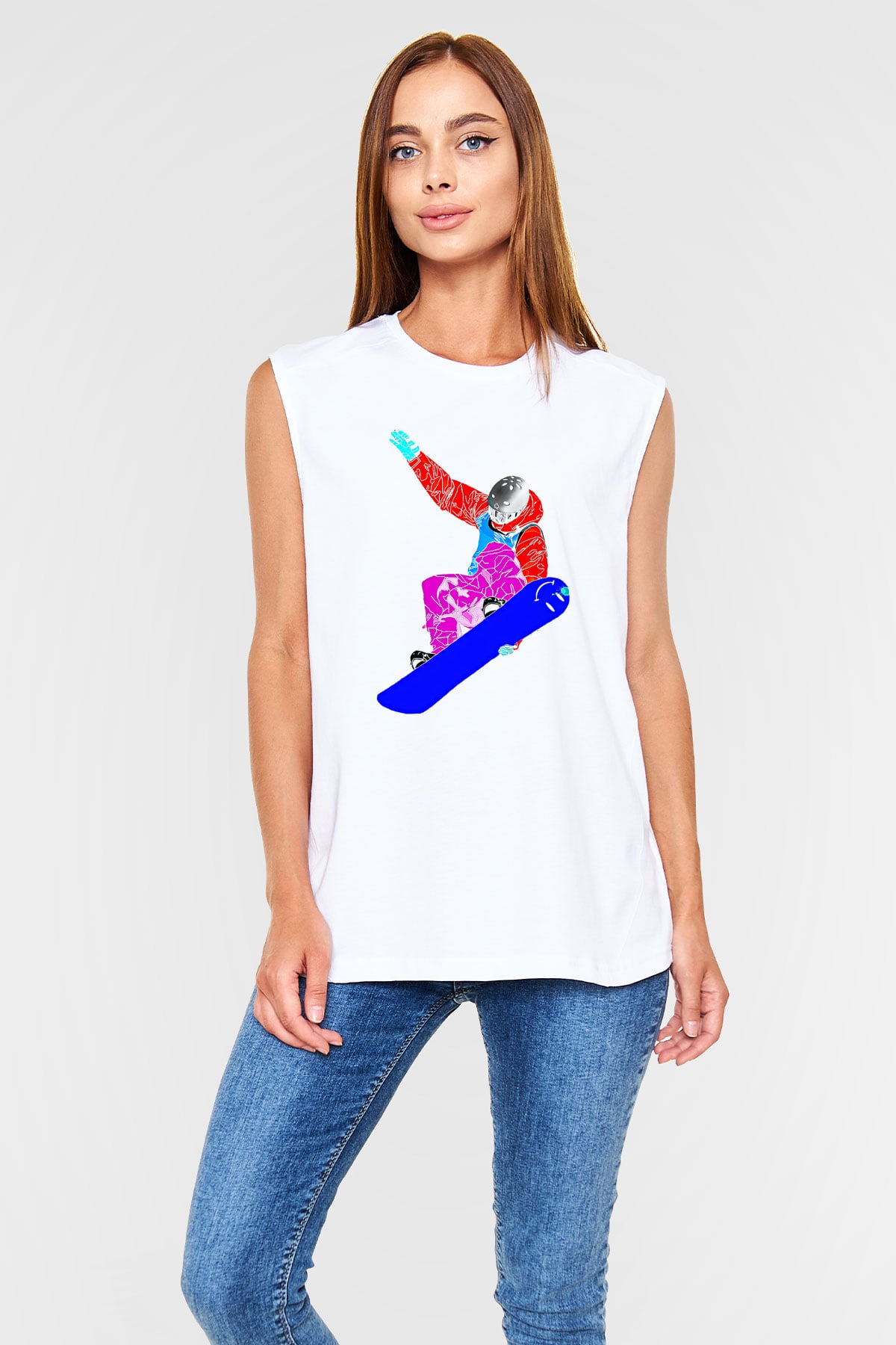 Snowboarding Baskılı Unisex Kolsuz Beyaz Tişört