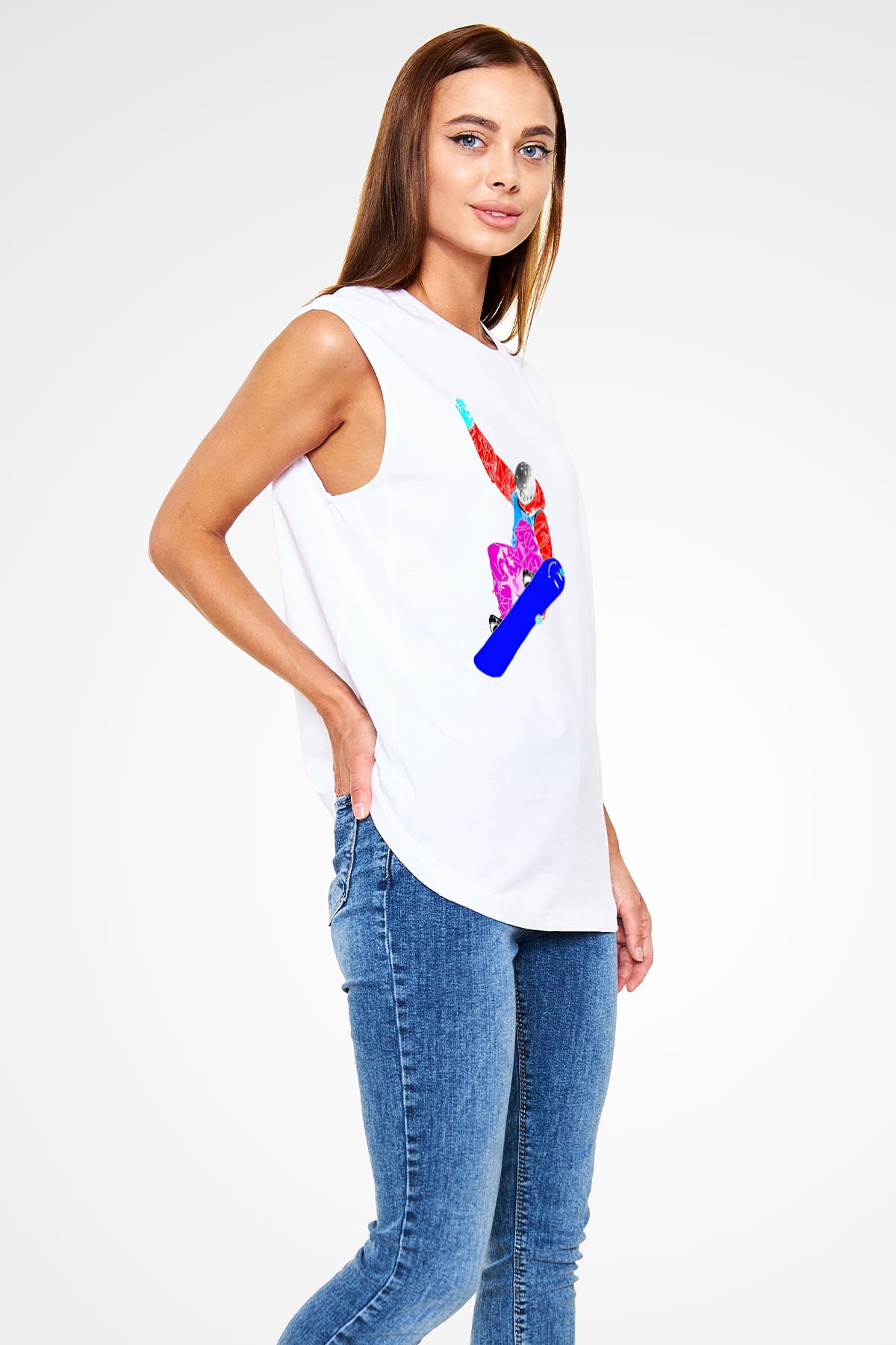 Snowboarding Baskılı Unisex Kolsuz Beyaz Tişört