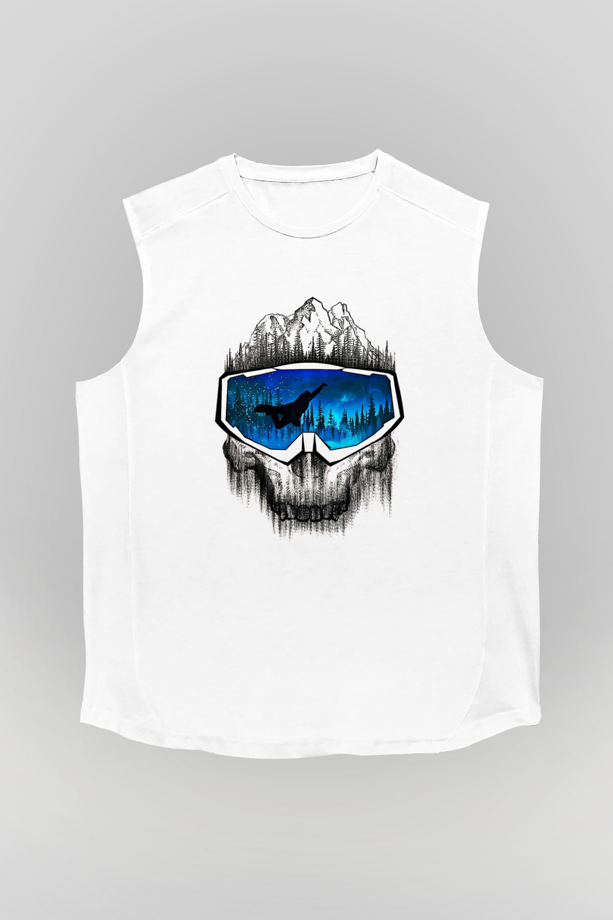 Snowboarding Baskılı Unisex Kolsuz Beyaz Tişört