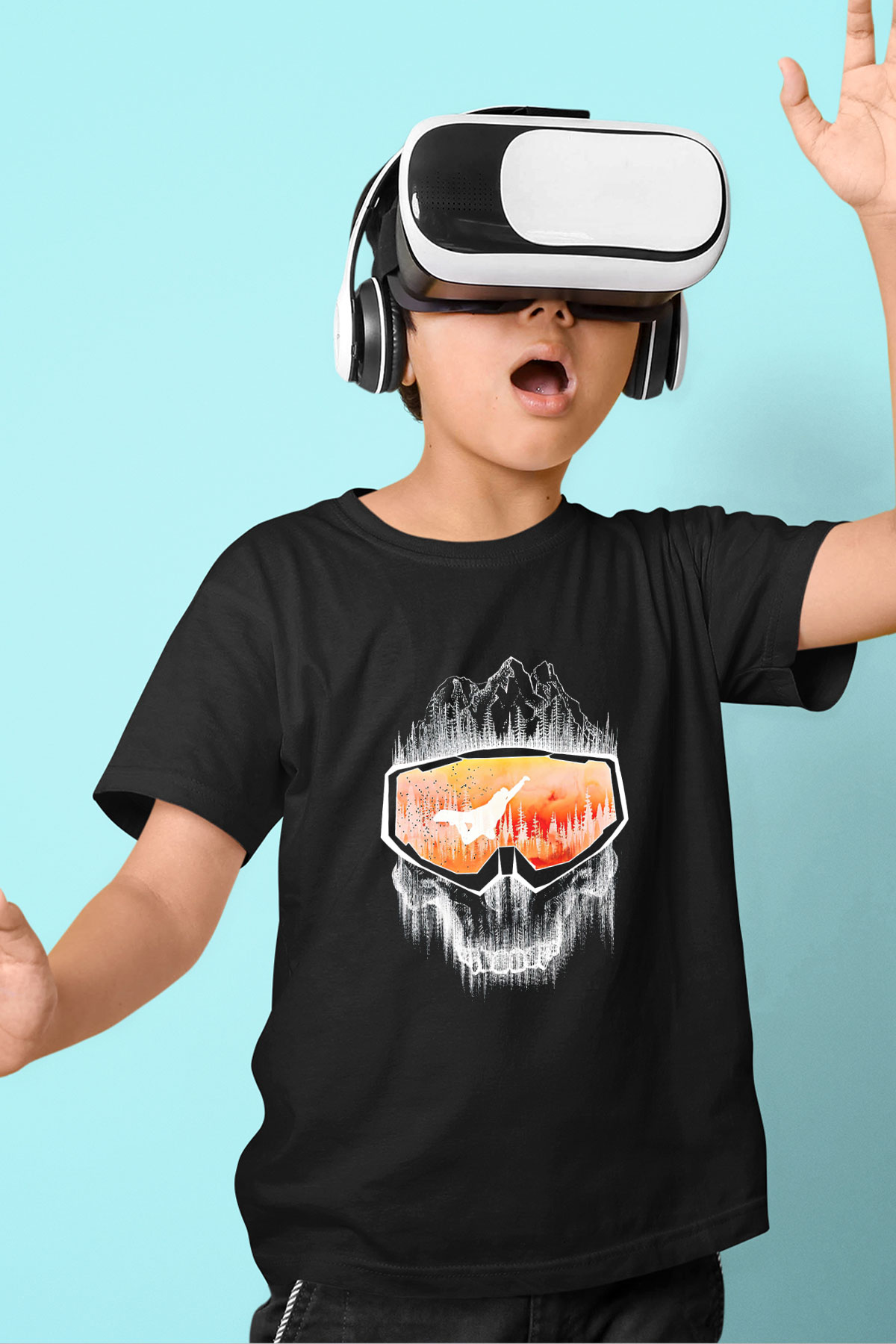 Snowboarding Baskılı Unisex Siyah Çocuk Tİşörtü - Tshirt