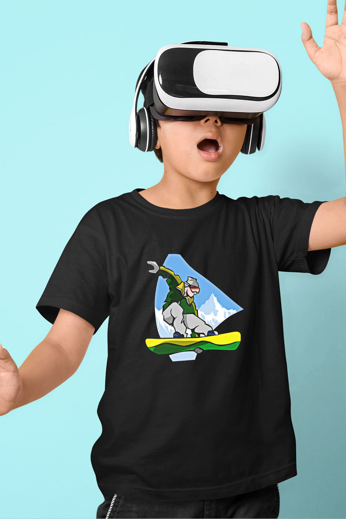 Snowboarding Baskılı Unisex Siyah Çocuk Tİşörtü - Tshirt