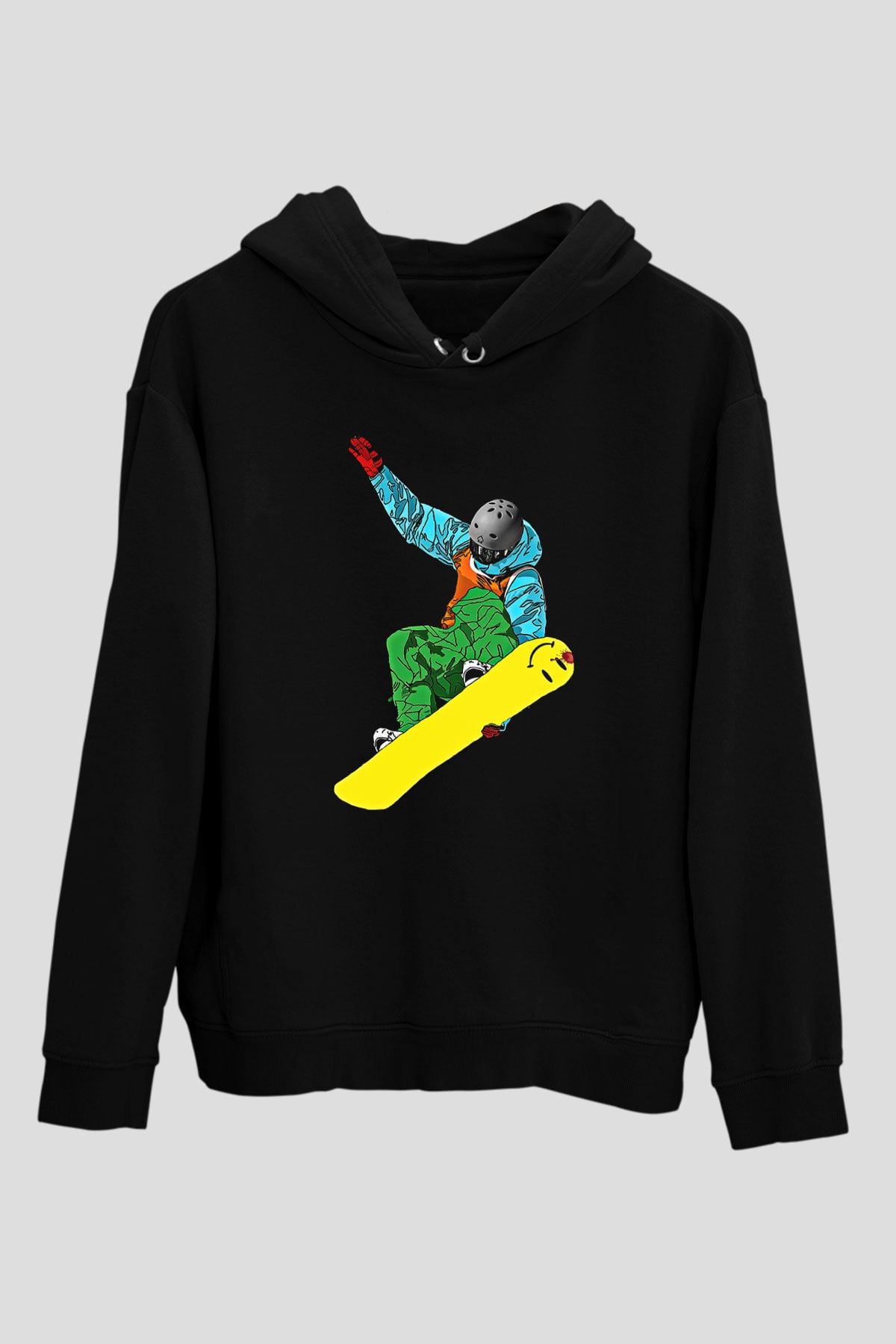 Snowboarding Baskılı Unisex Siyah Kapüşonlu Sweatshirt