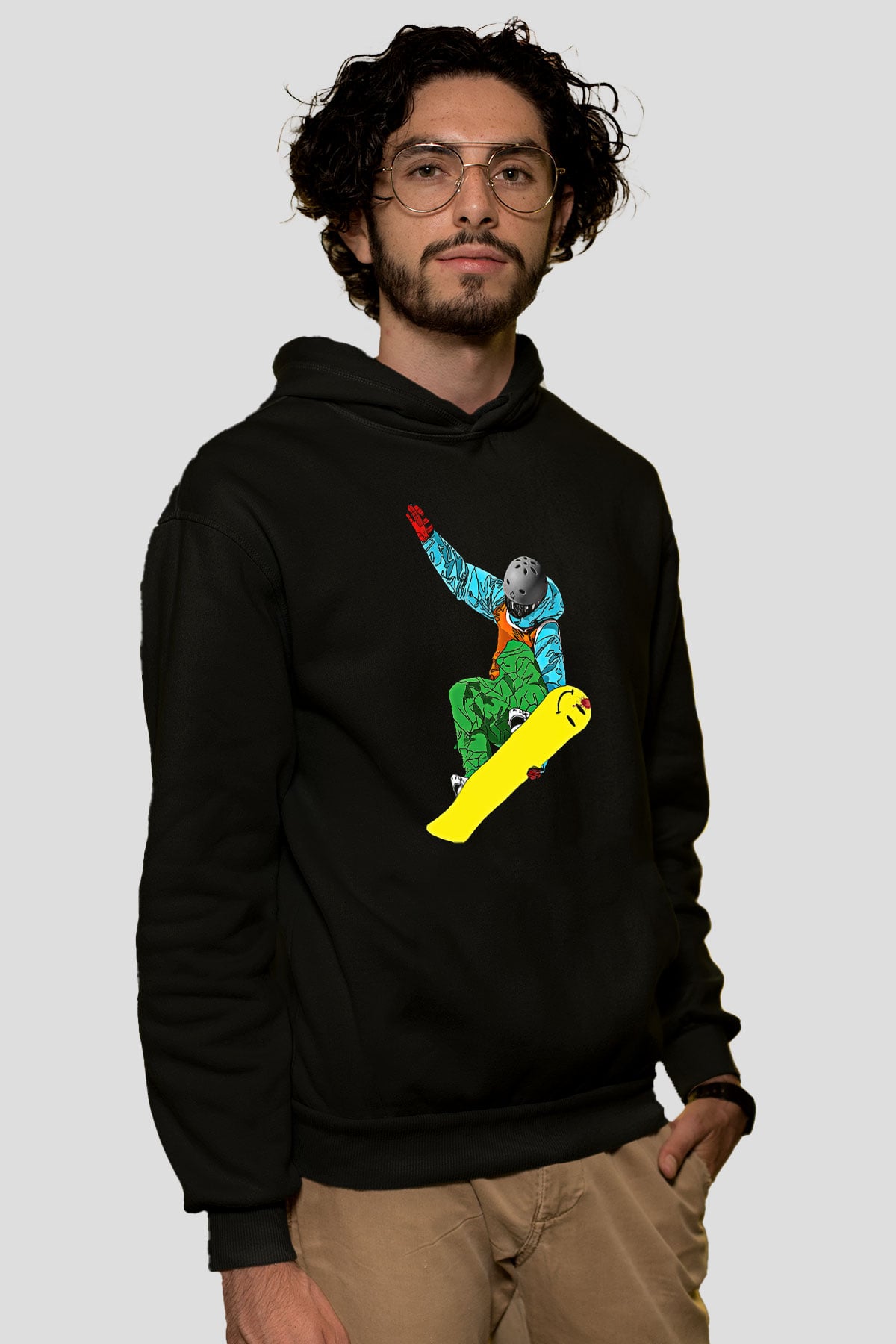 Snowboarding Baskılı Unisex Siyah Kapüşonlu Sweatshirt