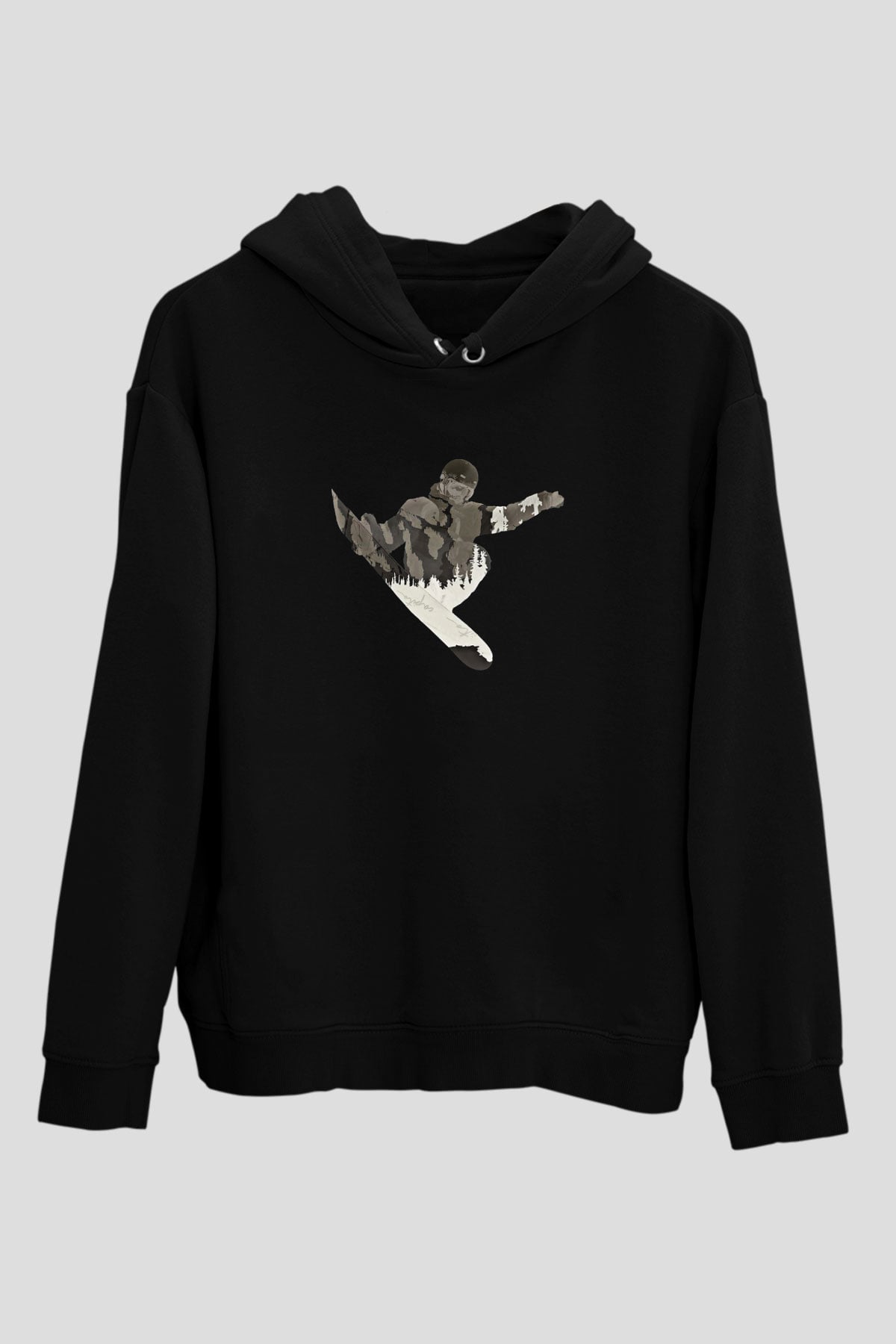 Snowboarding Baskılı Unisex Siyah Kapüşonlu Sweatshirt