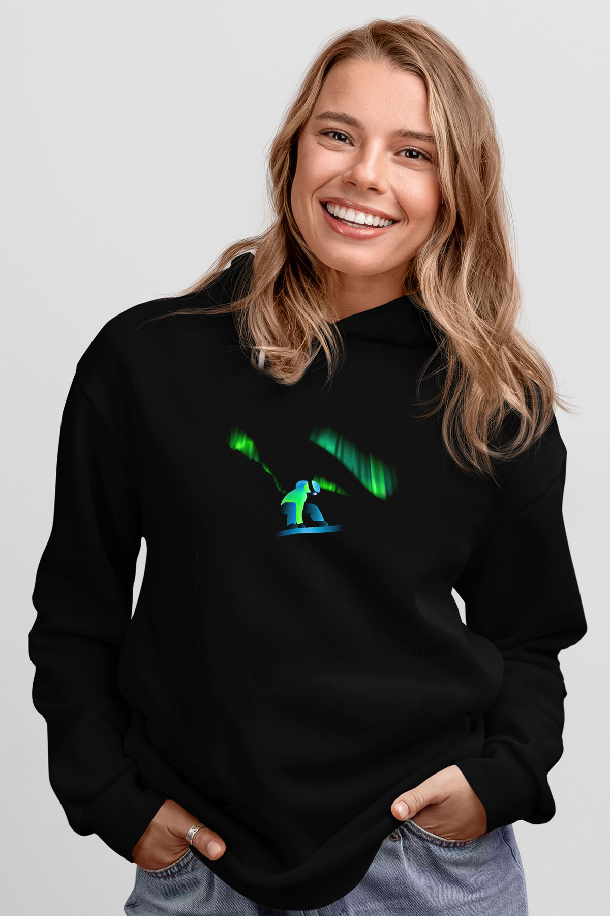 Snowboarding Baskılı Unisex Siyah Kapüşonlu Sweatshirt