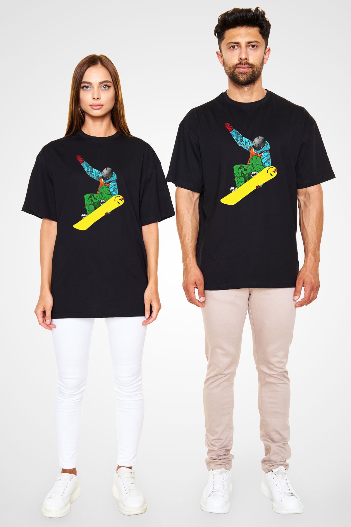 Snowboarding Baskılı Unisex Siyah Oversize Tişört