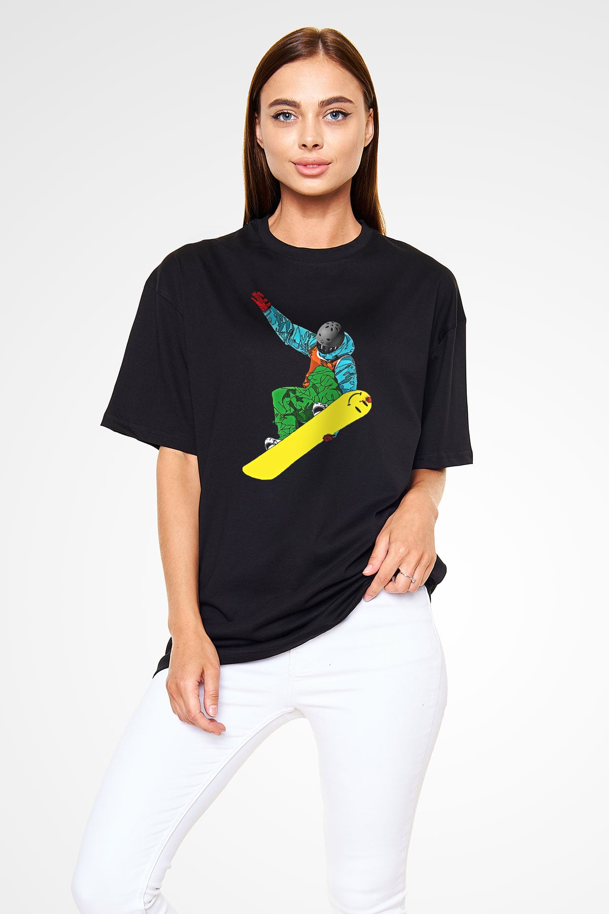Snowboarding Baskılı Unisex Siyah Oversize Tişört