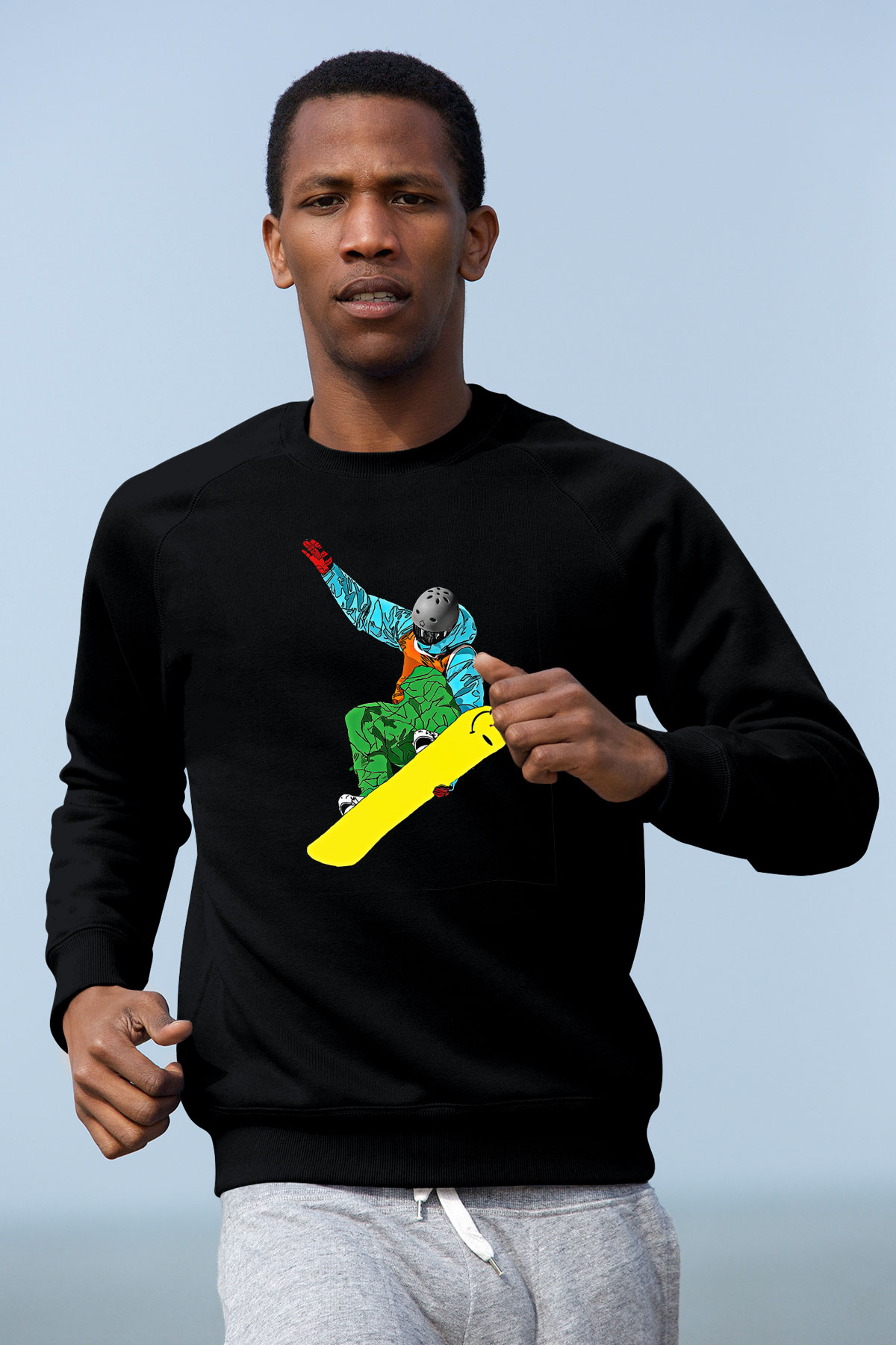 Snowboarding Baskılı Unisex Siyah Sweatshirt