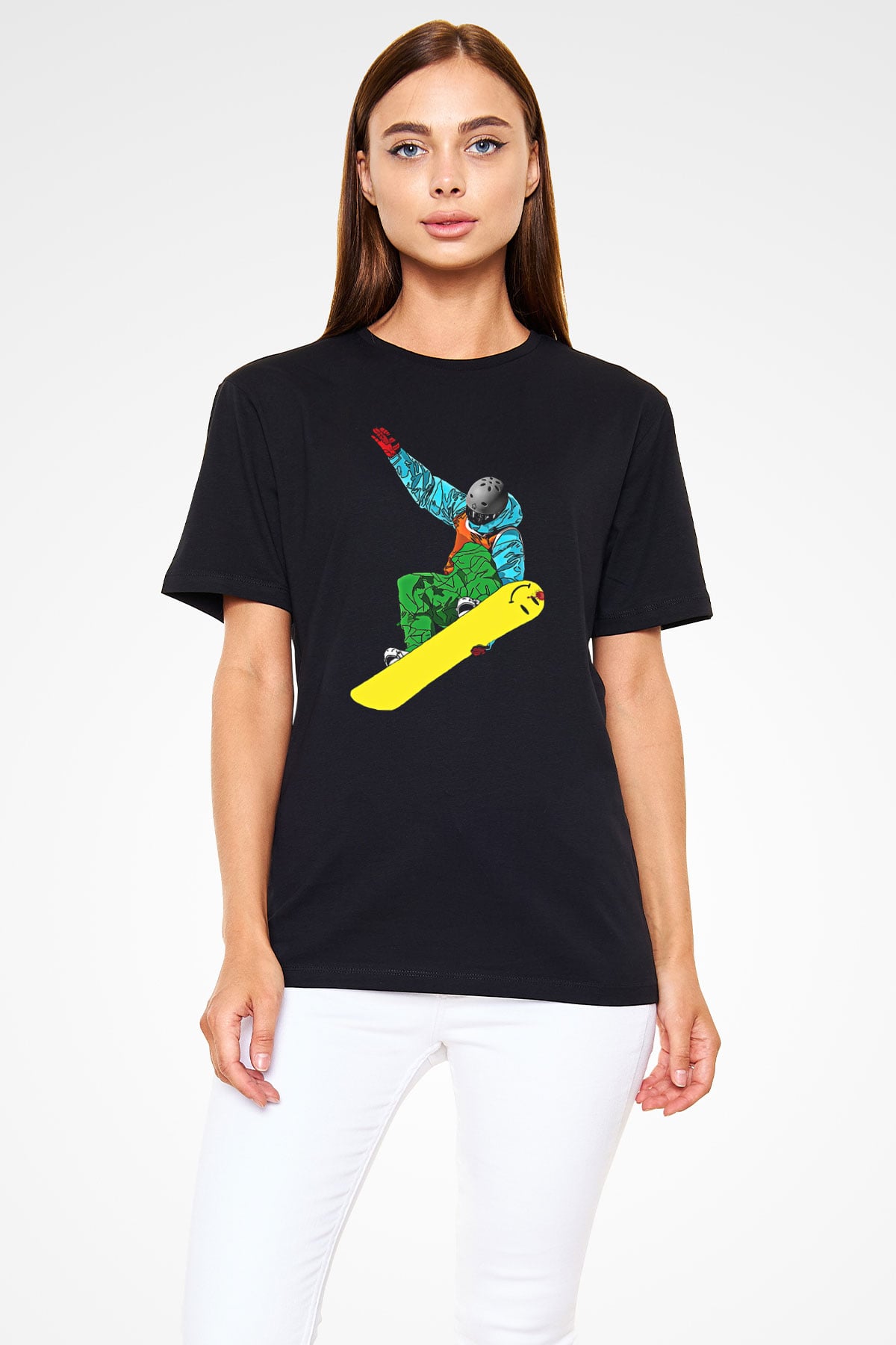 Snowboarding Baskılı Unisex Siyah Tişört - Tshirt