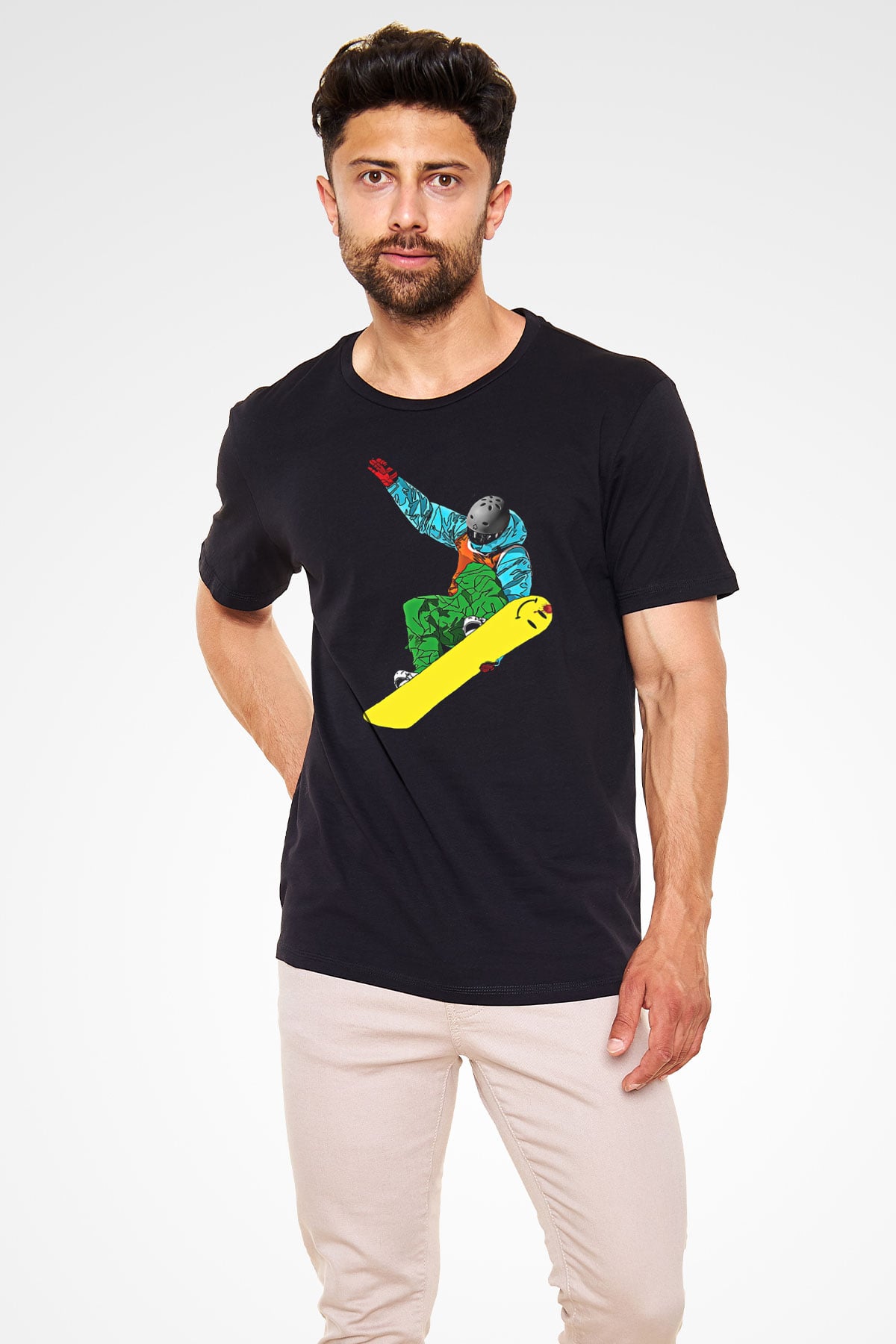 Snowboarding Baskılı Unisex Siyah Tişört - Tshirt