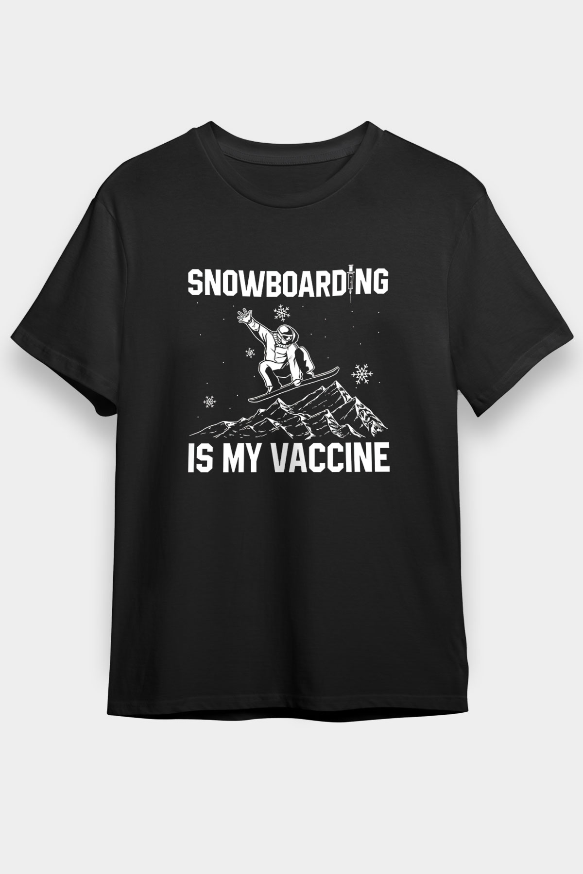 Snowboarding Baskılı Unisex Siyah Tişört - Tshirt