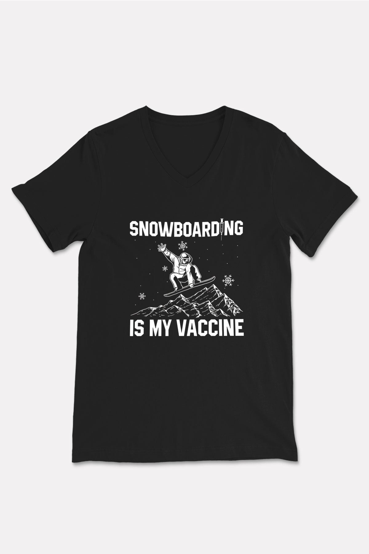 Snowboarding Baskılı Unisex Siyah V Yaka Tişört