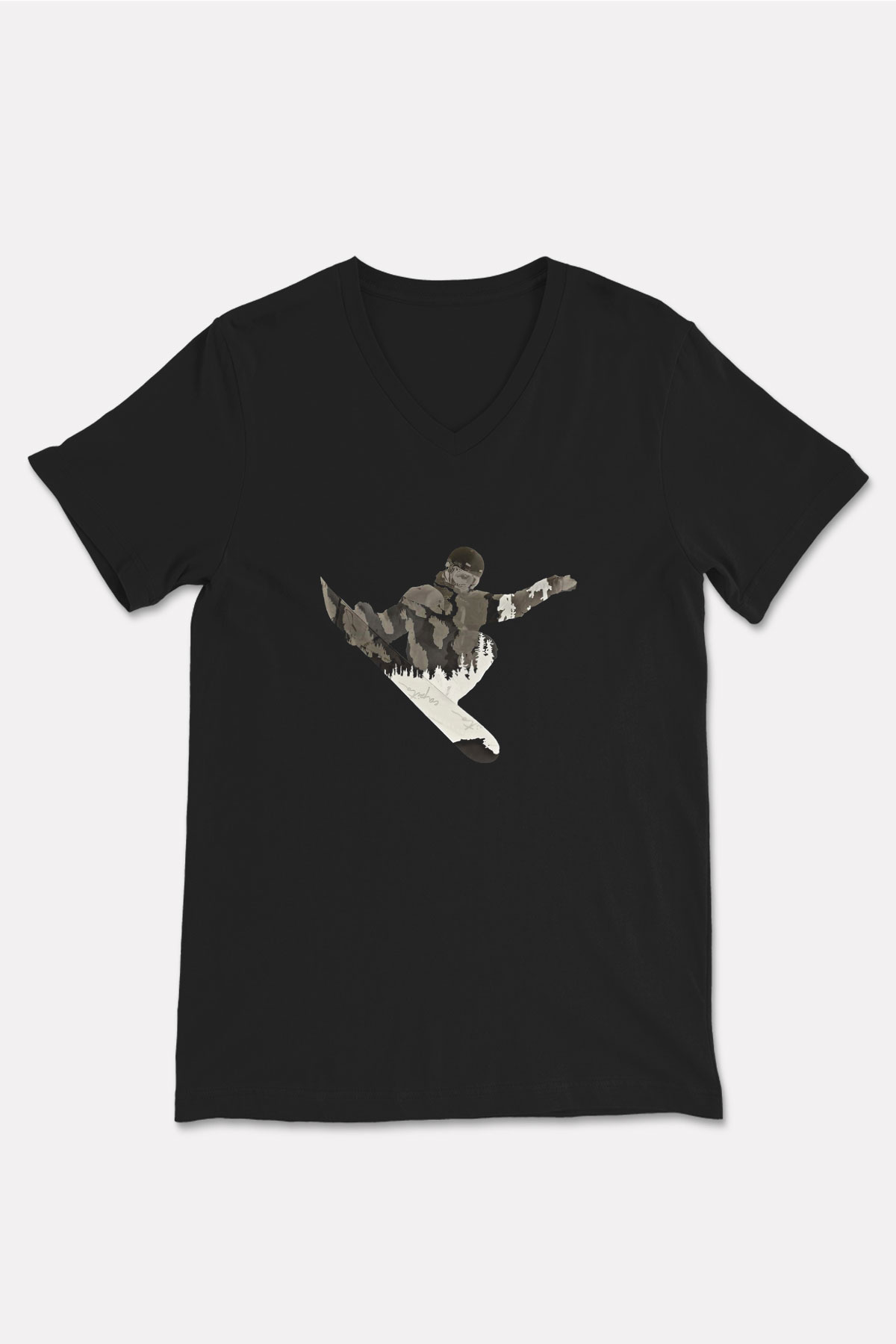 Snowboarding Baskılı Unisex Siyah V Yaka Tişört
