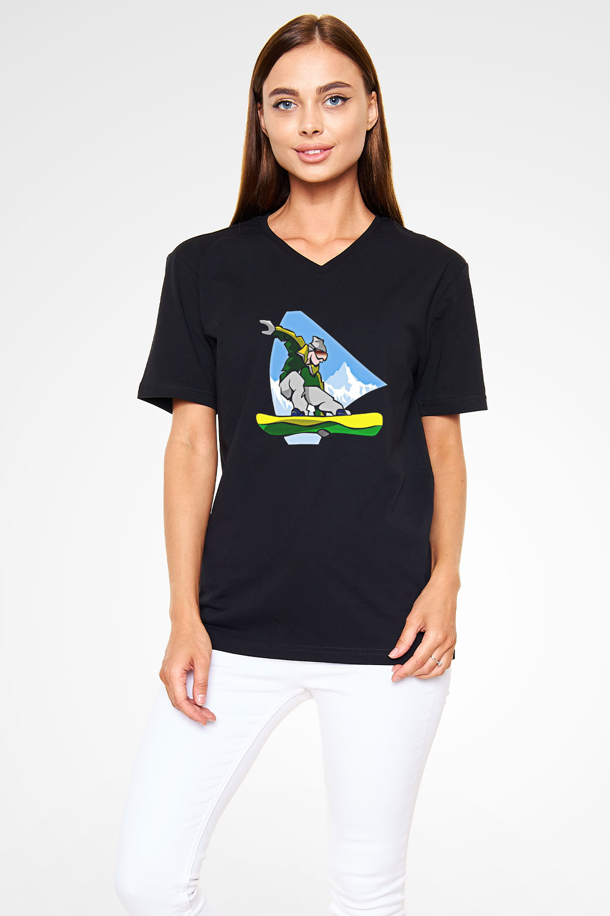Snowboarding Baskılı Unisex Siyah V Yaka Tişört