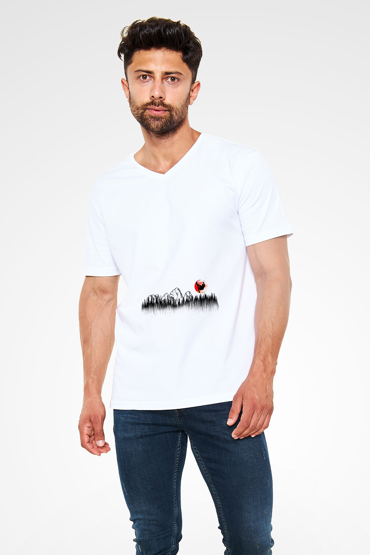 Snowboarding Baskılı Unisex V Yaka Tişört - Tshirt