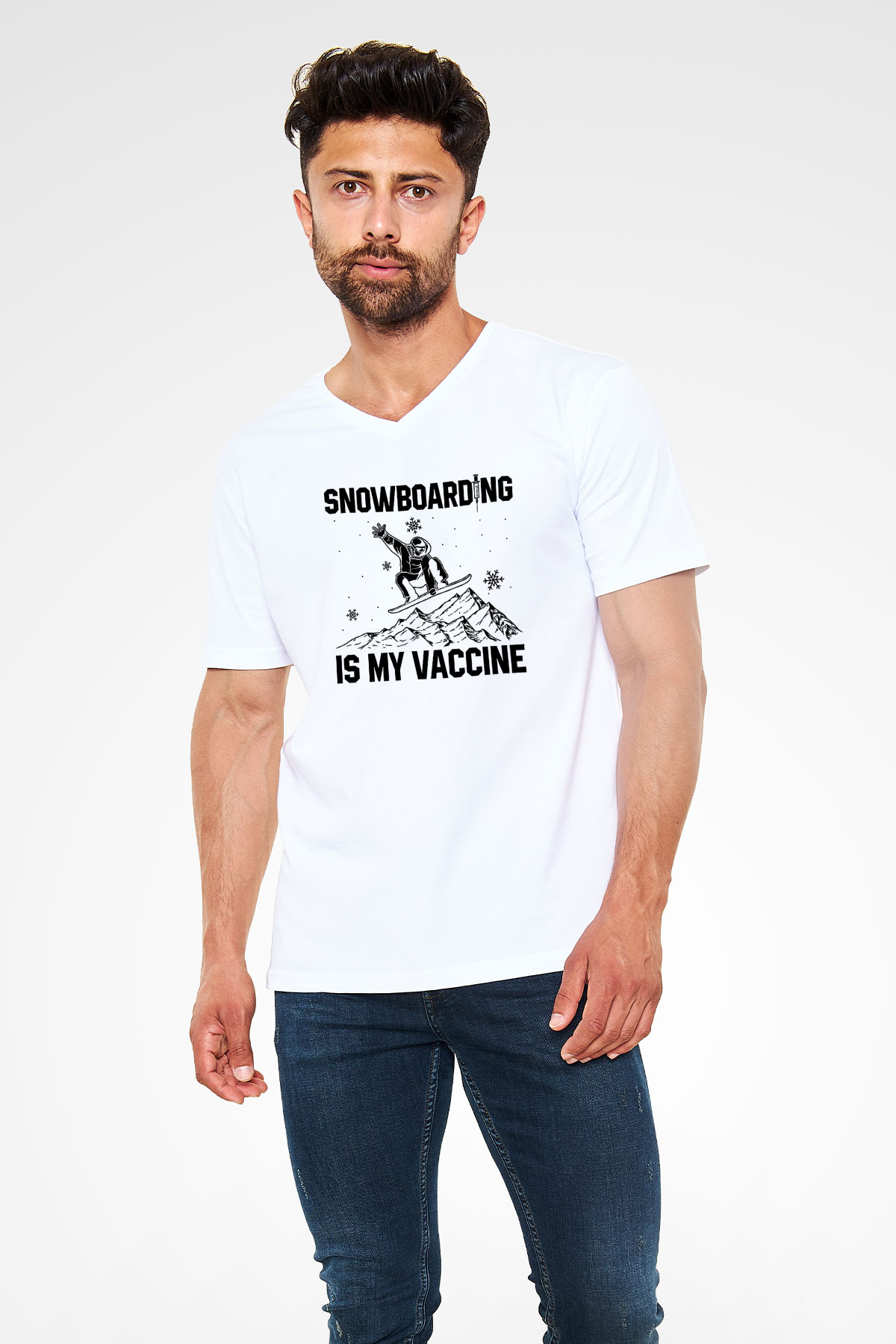 Snowboarding Baskılı Unisex V Yaka Tişört - Tshirt