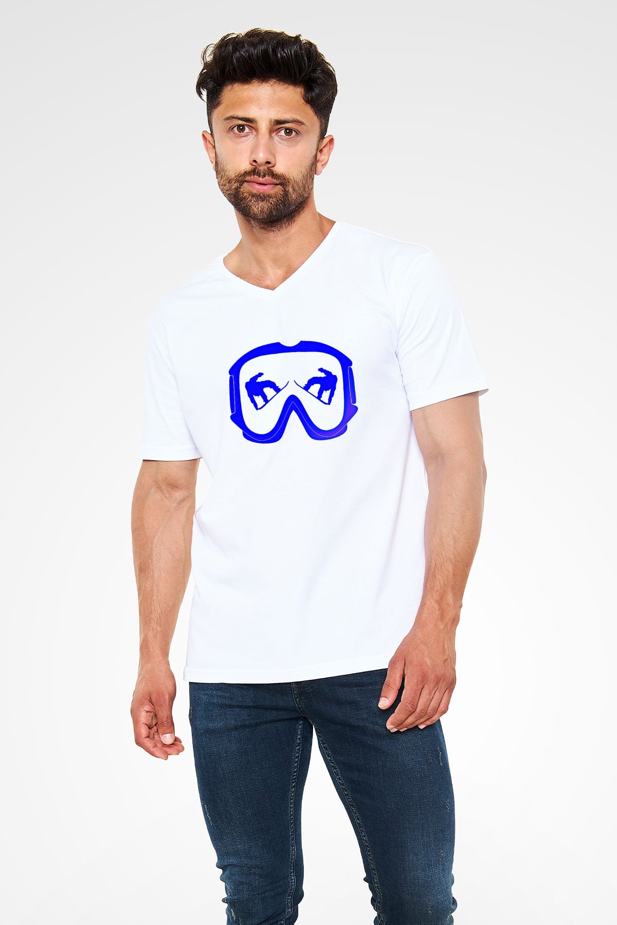 Snowboarding Baskılı Unisex V Yaka Tişört - Tshirt