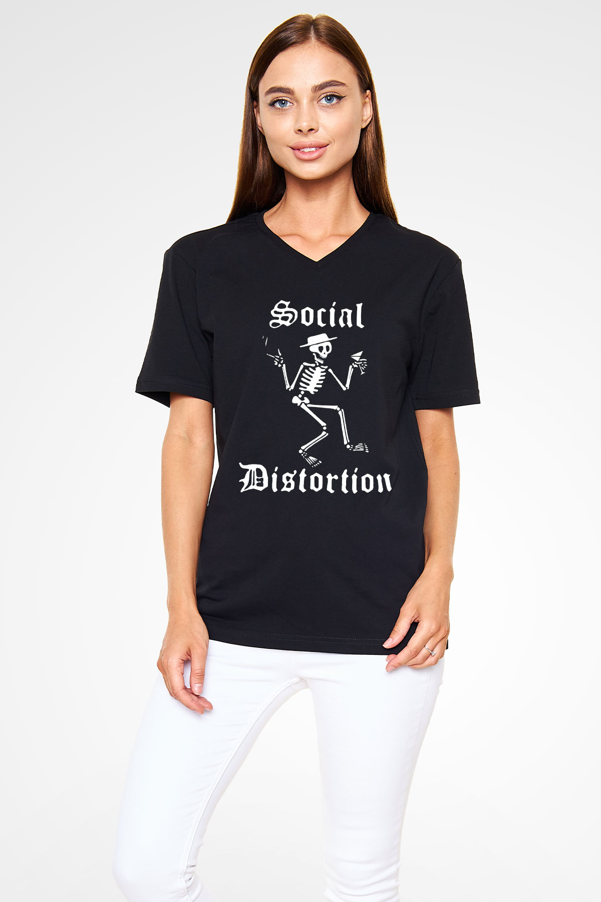 Social Distortion Siyah Unisex V Yaka Tişört T-Shirt