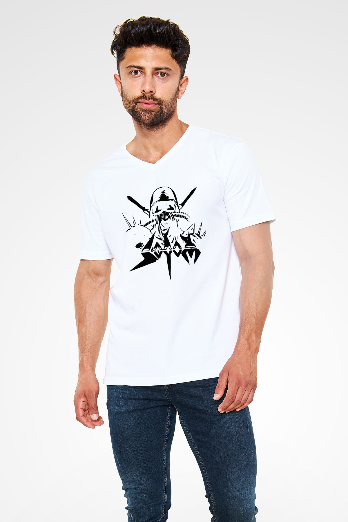 Sodom Beyaz Unisex V Yaka Tişört T-Shirt - V Yaka Tişört Fabrikası