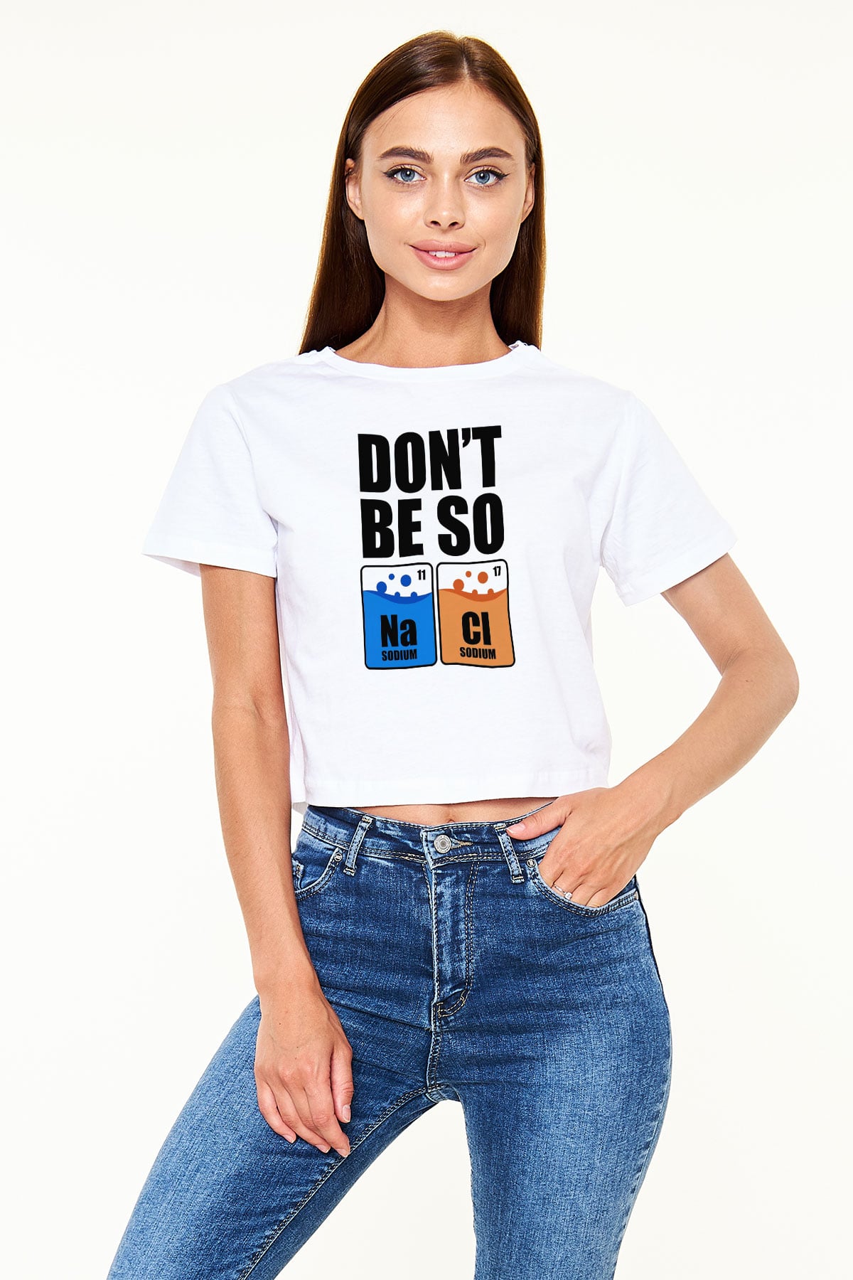 Sodyum Klor Baskılı Kadın Crop Top Beyaz Tişört