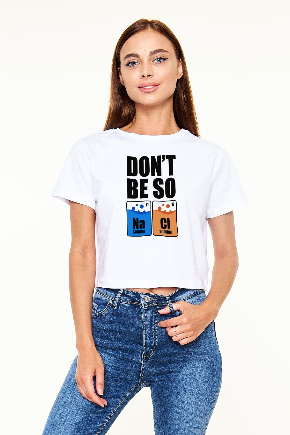 Sodyum Klor Baskılı Kadın Crop Top Beyaz Tişört