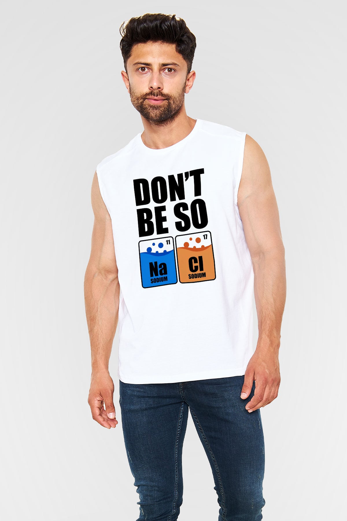 Sodyum Klor Baskılı Unisex Kolsuz Beyaz Tişört - Tshirt