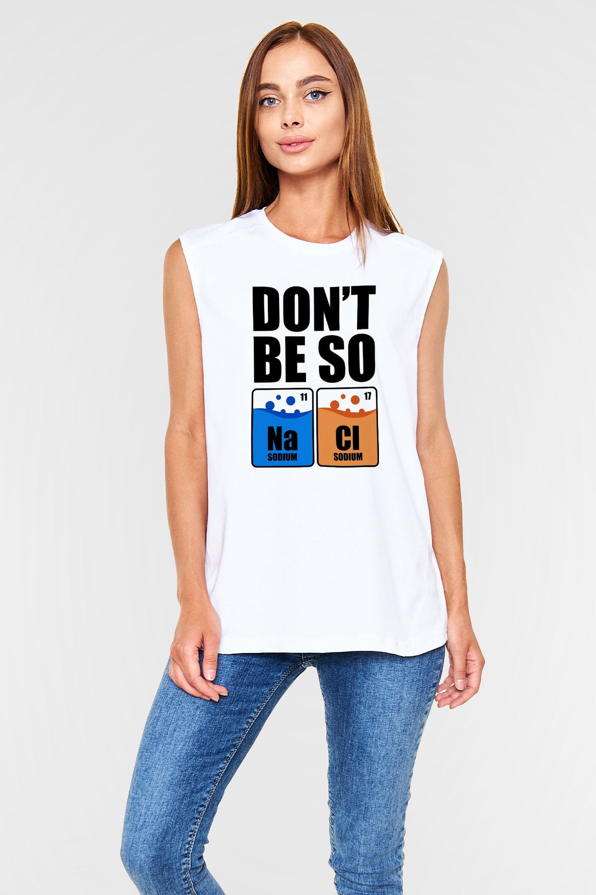 Sodyum Klor Baskılı Unisex Kolsuz Beyaz Tişört - Tshirt